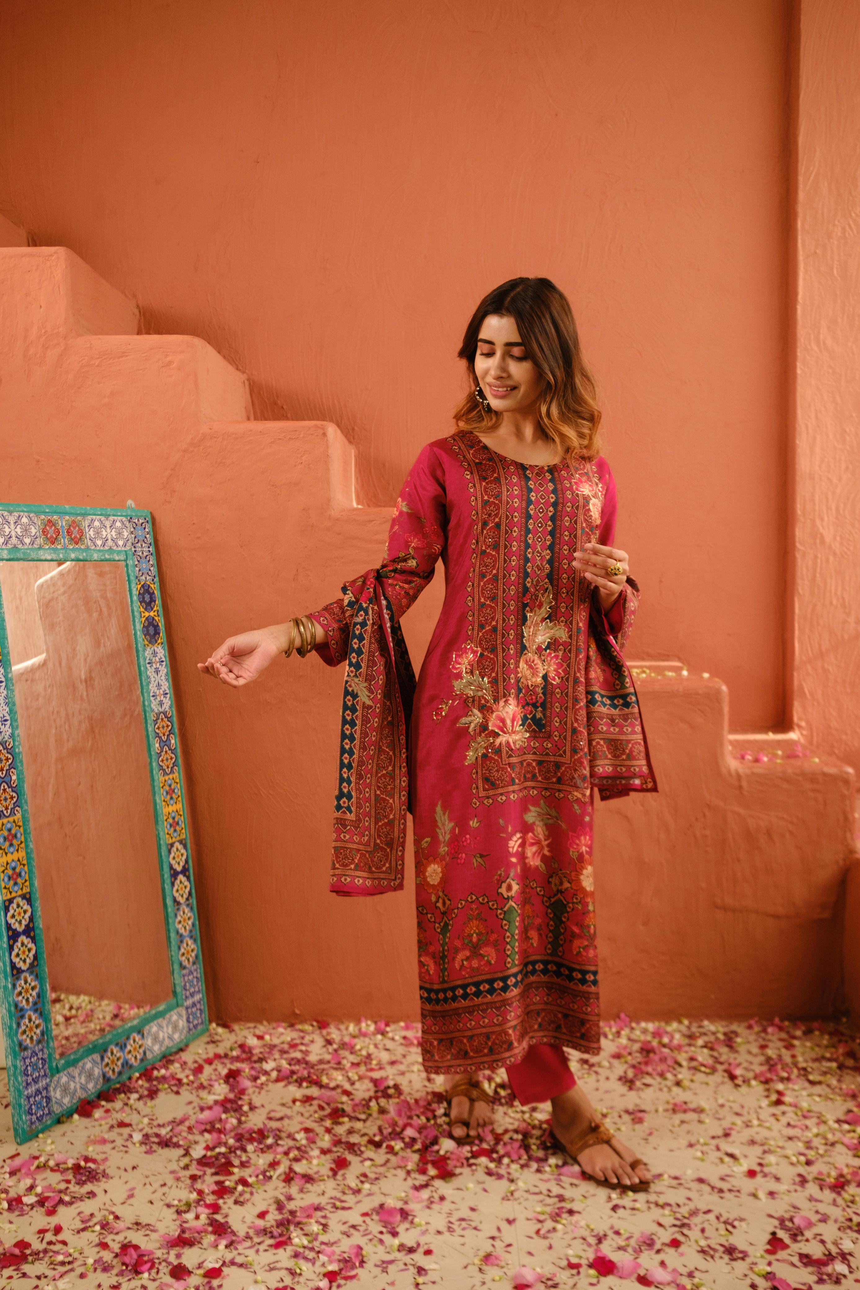 Deep Rose Pink Dola Jacquard Suit Set with Dabka work | HER-485