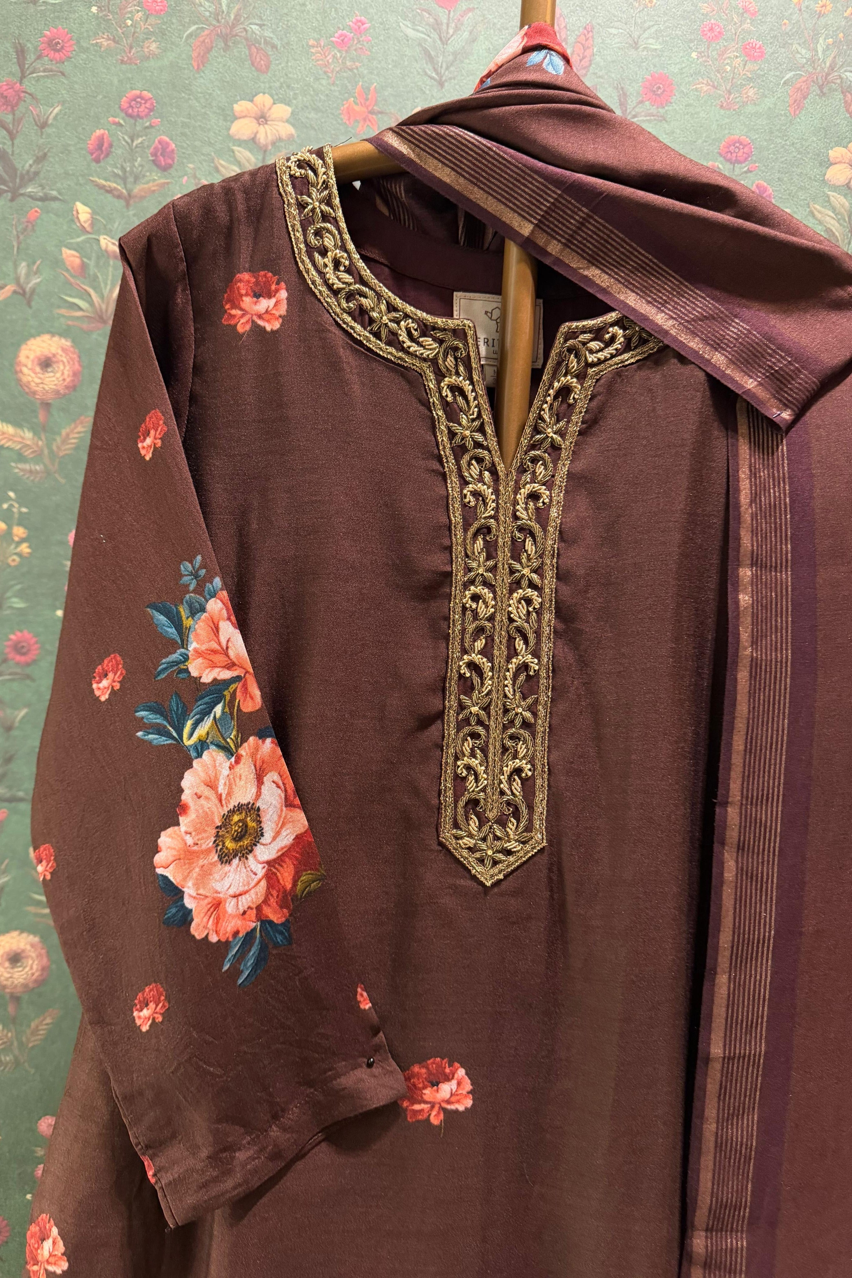 Noorbagh Deep Cocoa Brown Chanderi Suit Set x Noorin Sha | HER-603
