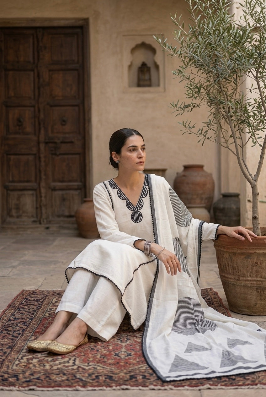 Ivory & Black Pure Linen A-line Suit Set | HER-823