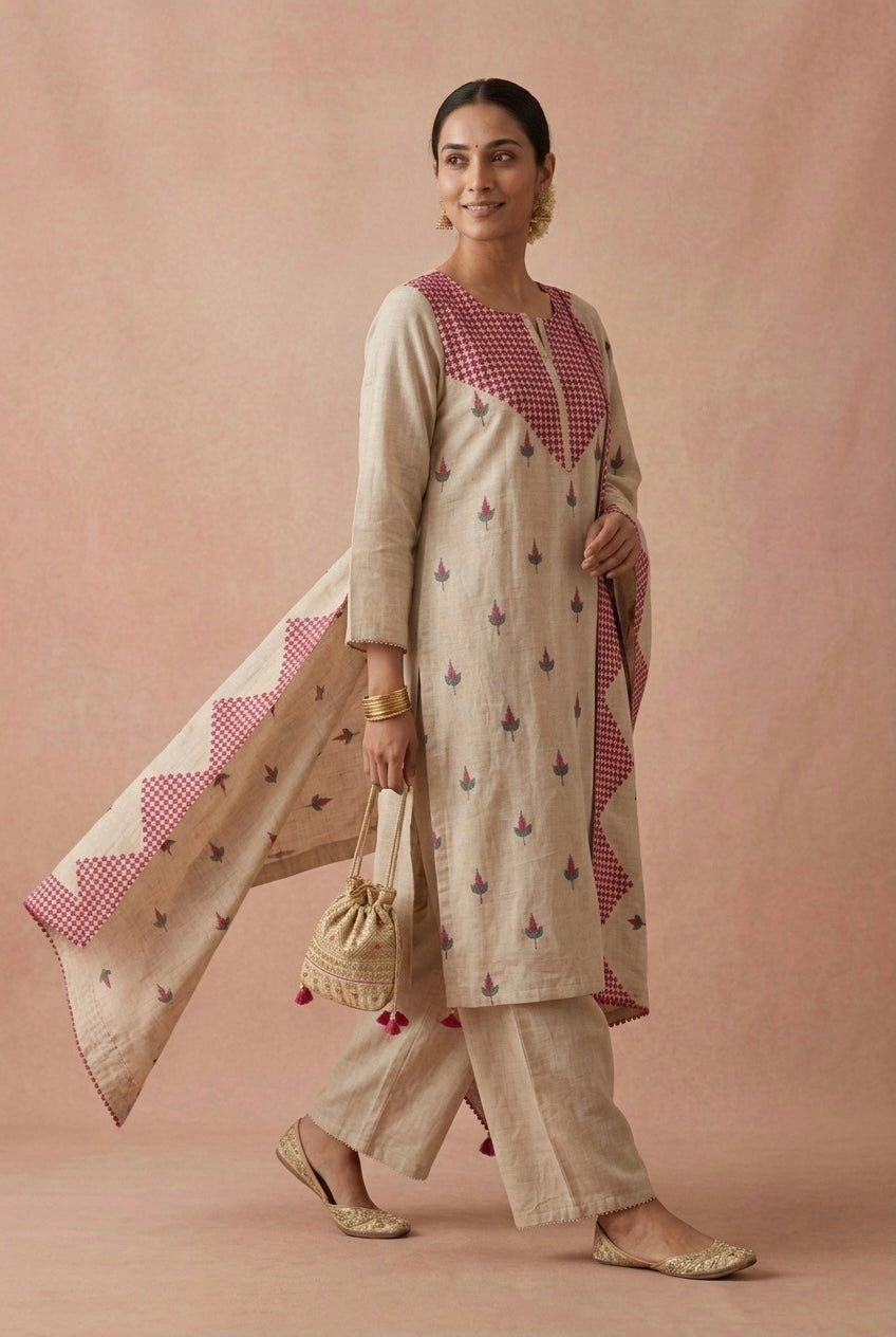 Ivory Beige and Pink Embroidered Pure Chanderi Suit Set