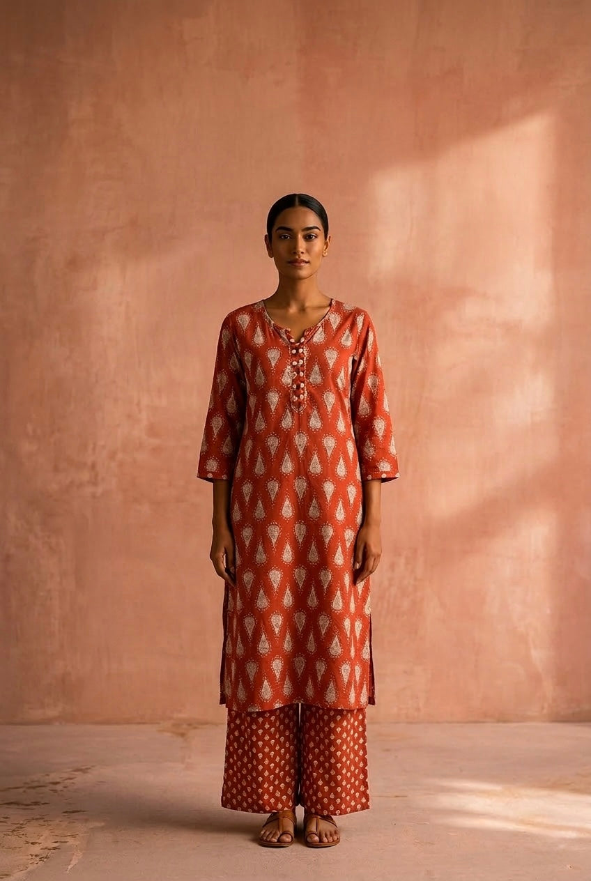 Rust Red Cotton Printed Suit Set | HER-691