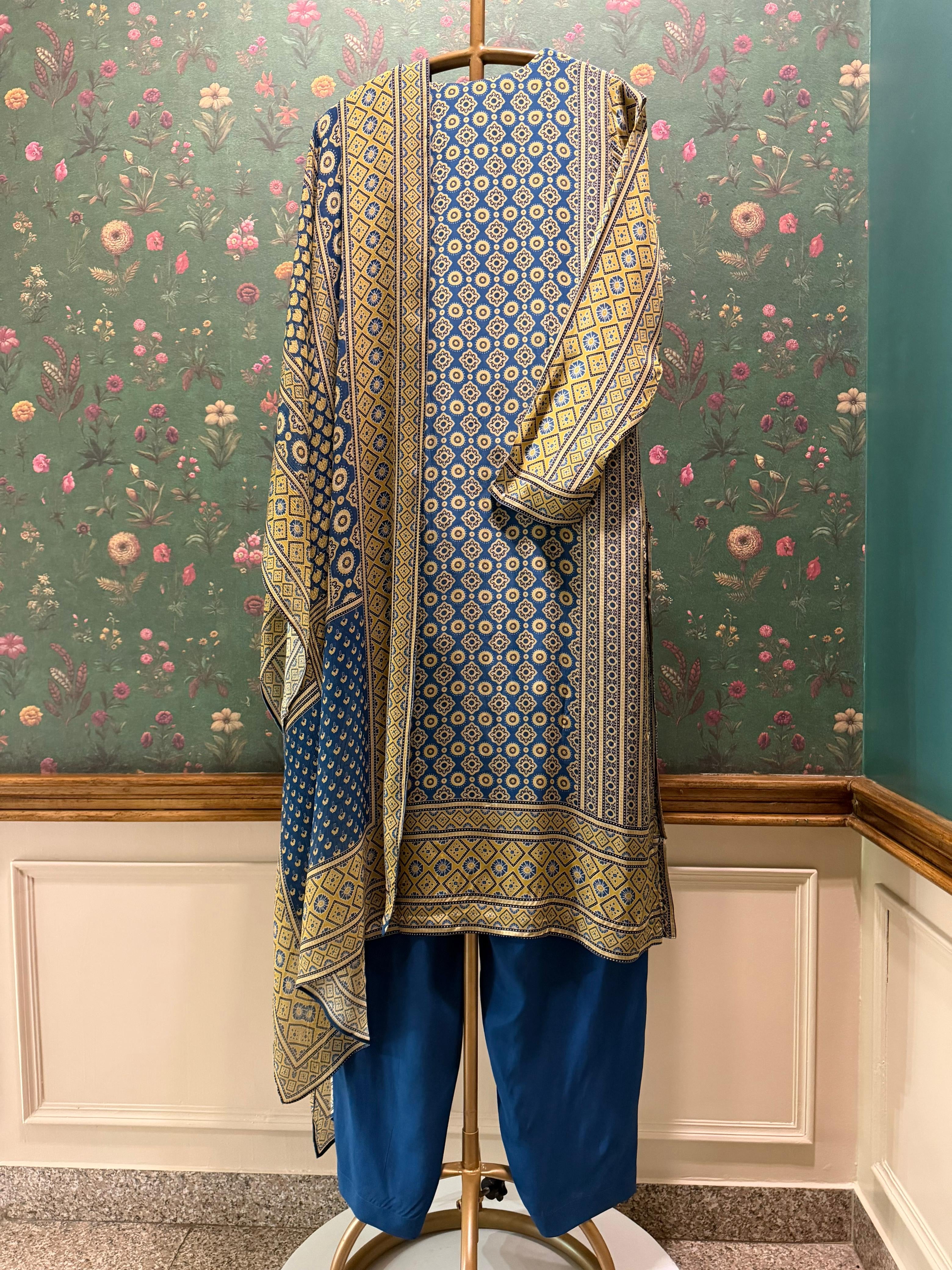 Blue Ajrakh Pure Crepe Suit Set | HER-634