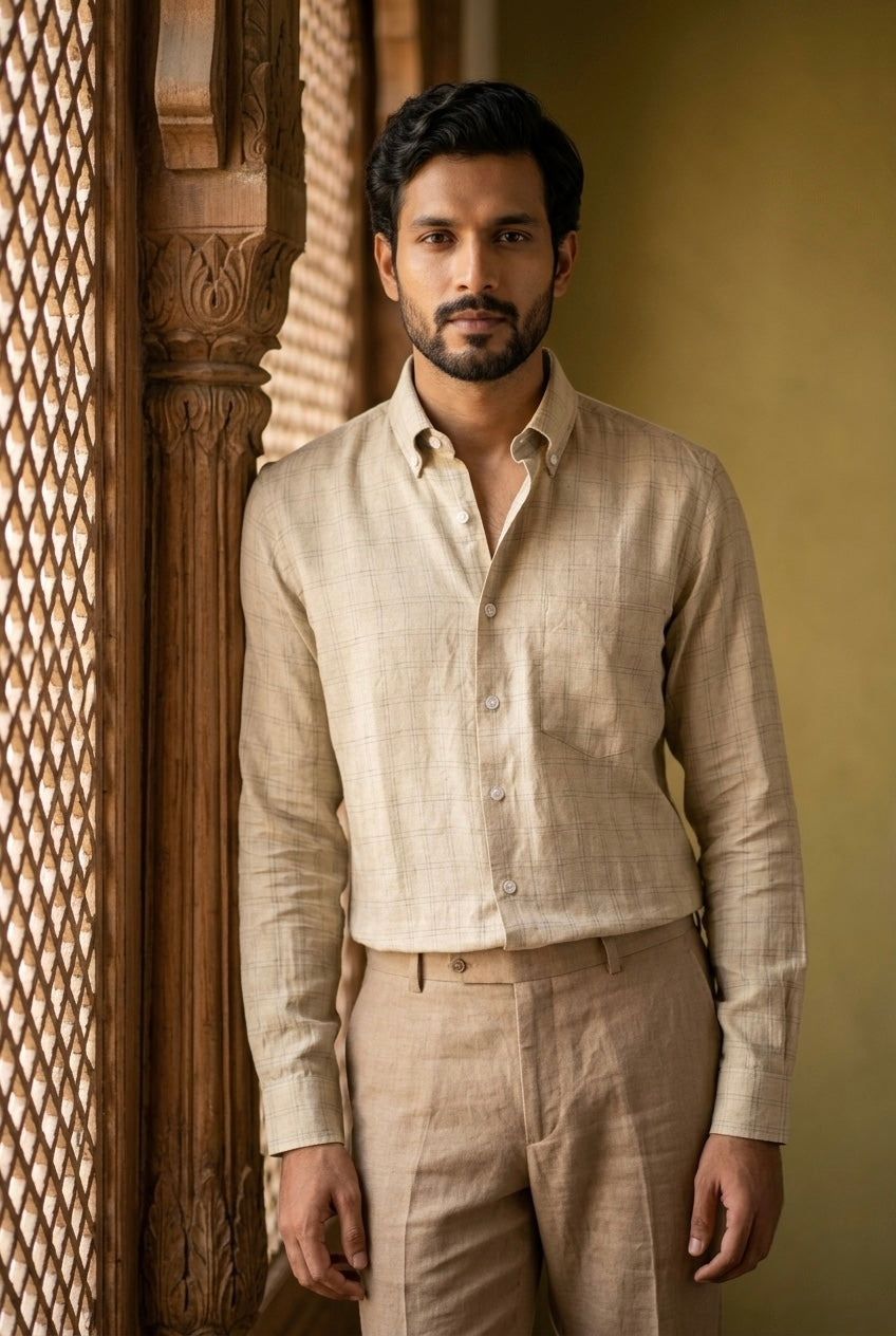 Men’s Sand Beige Windowpane Check Pure Linen Full Sleeves Shirt