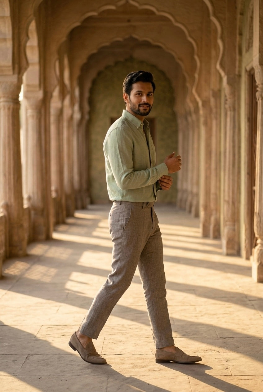 Men’s Sage Green Pure Linen Full Sleeves Shirt
