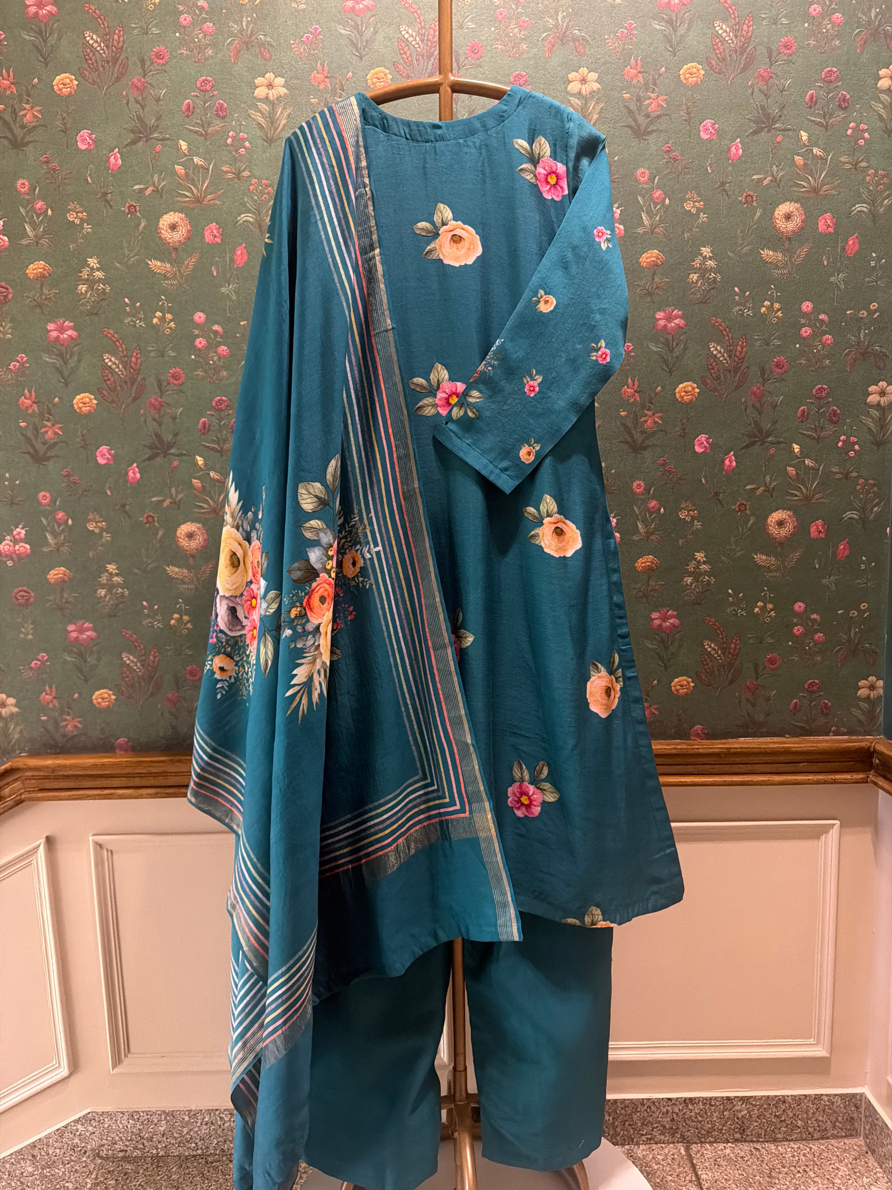 Emerald Teal Blue Floral Chanderi Suit Set x Celina | HER-606