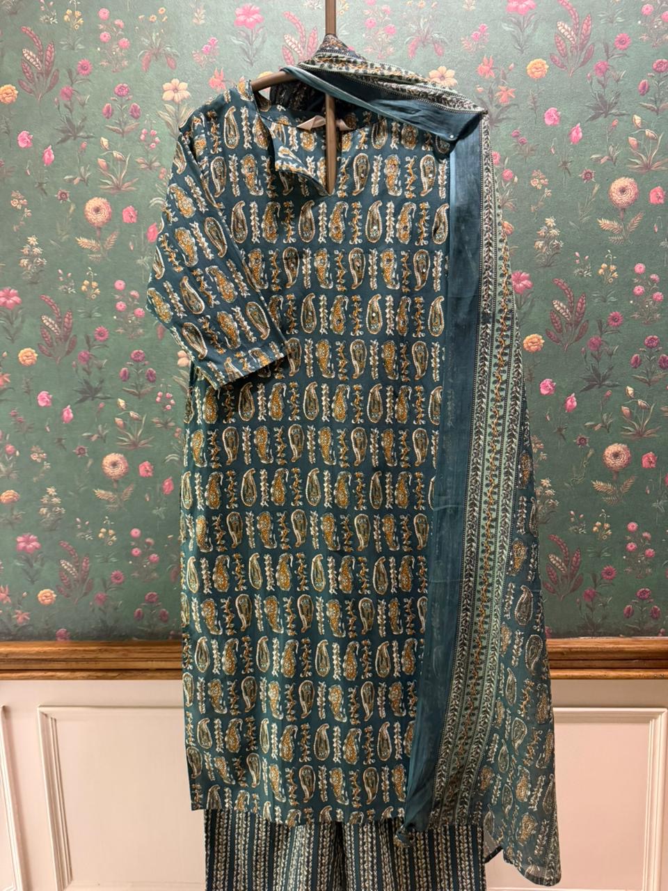 Teal Paisley Printed Cotton Suit Set | HER-734