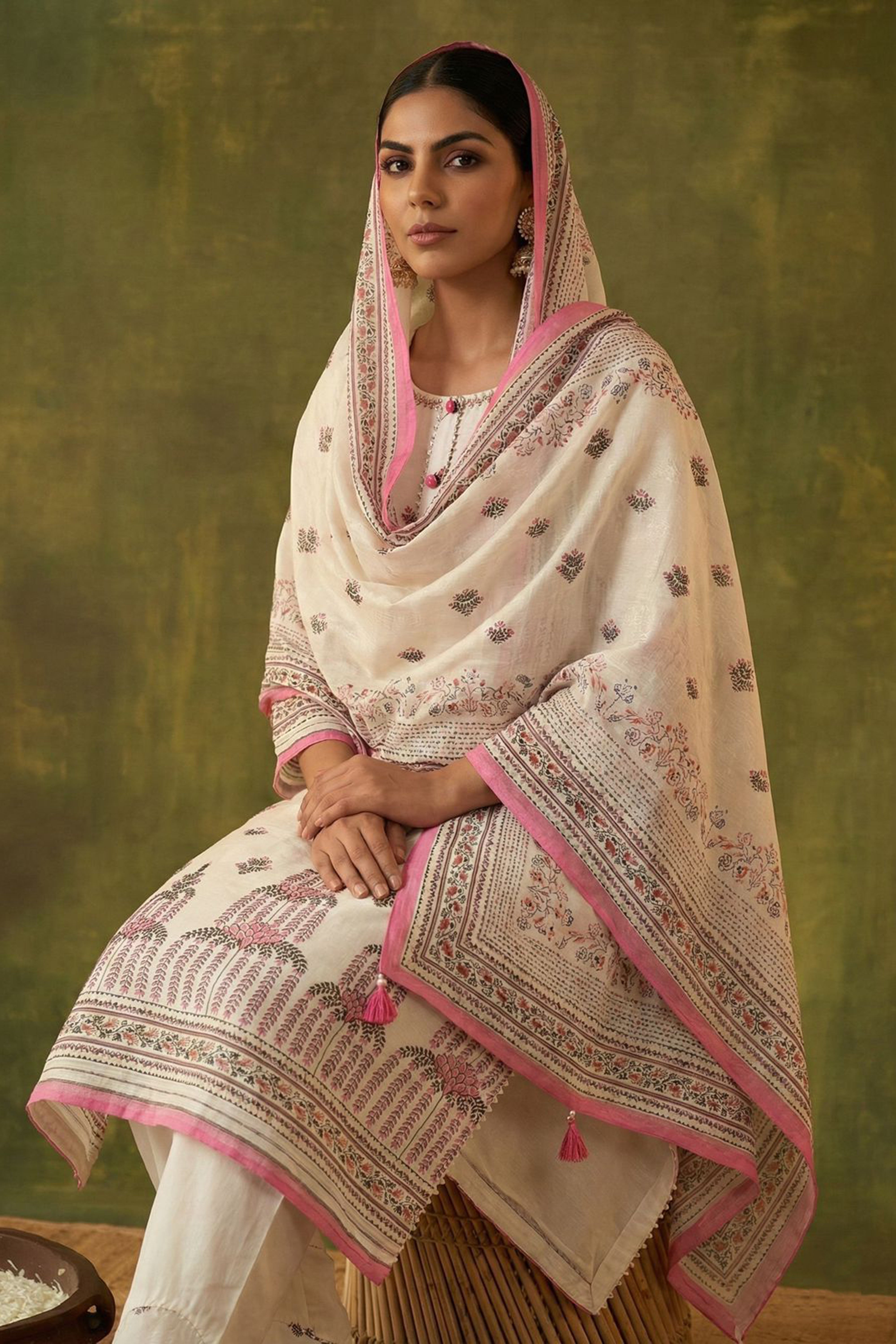 Cream Straight Fit Cotton Suit Set (With Pants and Dupatta)