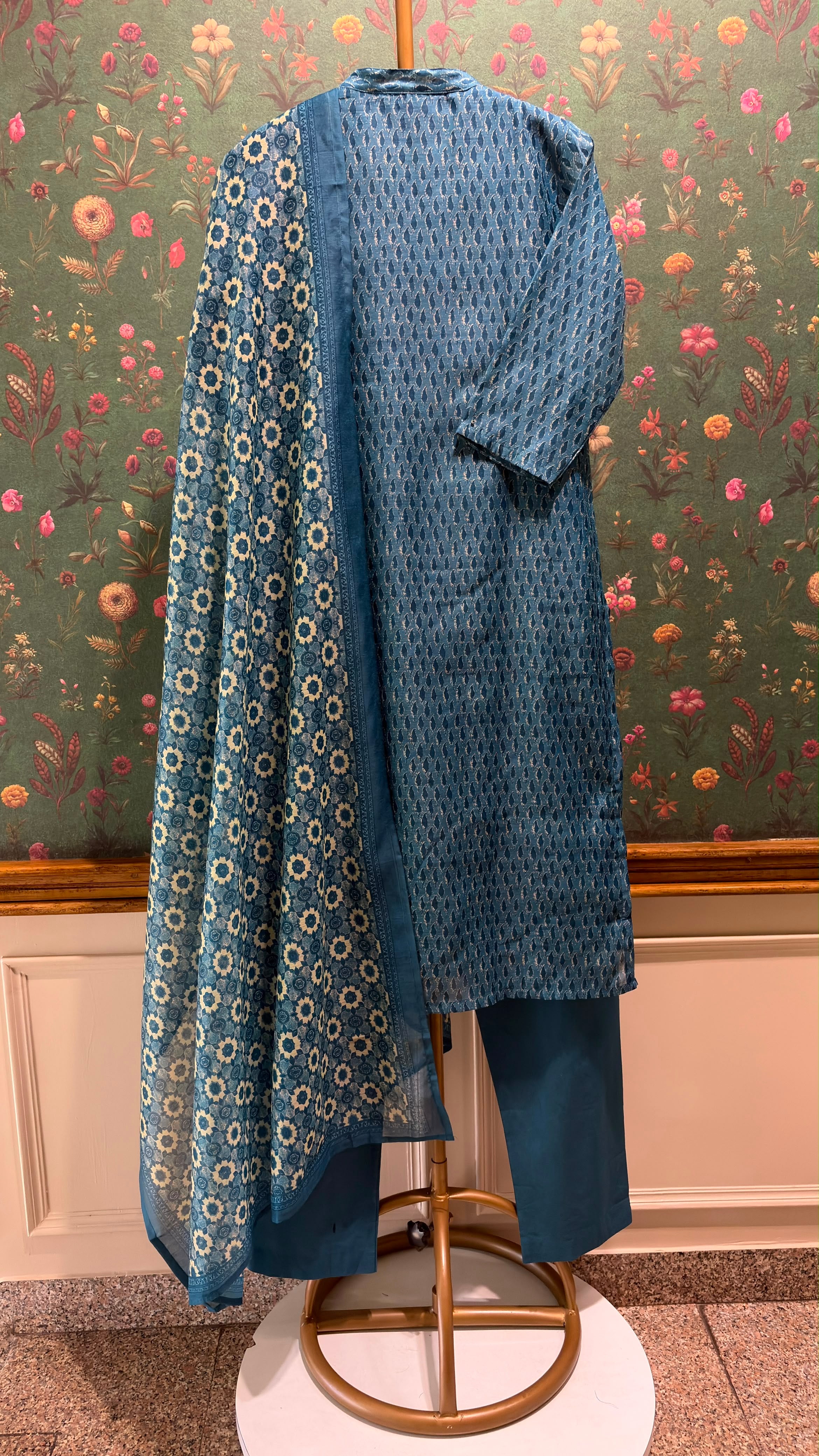 Teal Blue Printed Chanderi Suit Set with Zari | HER-397