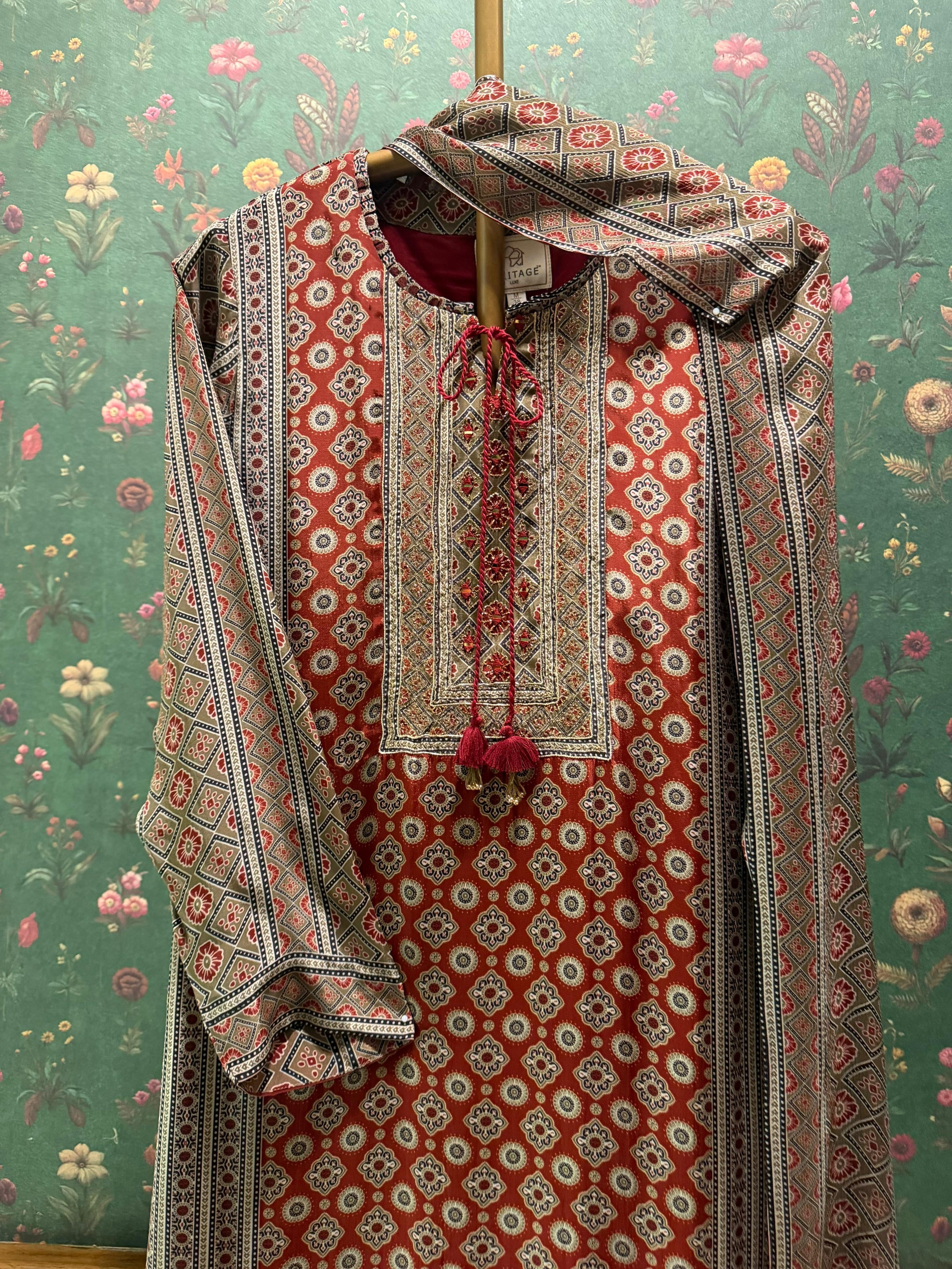 Rust Ajrakh Pure Crepe Suit Set | HER-634 x Navjeet Kaur