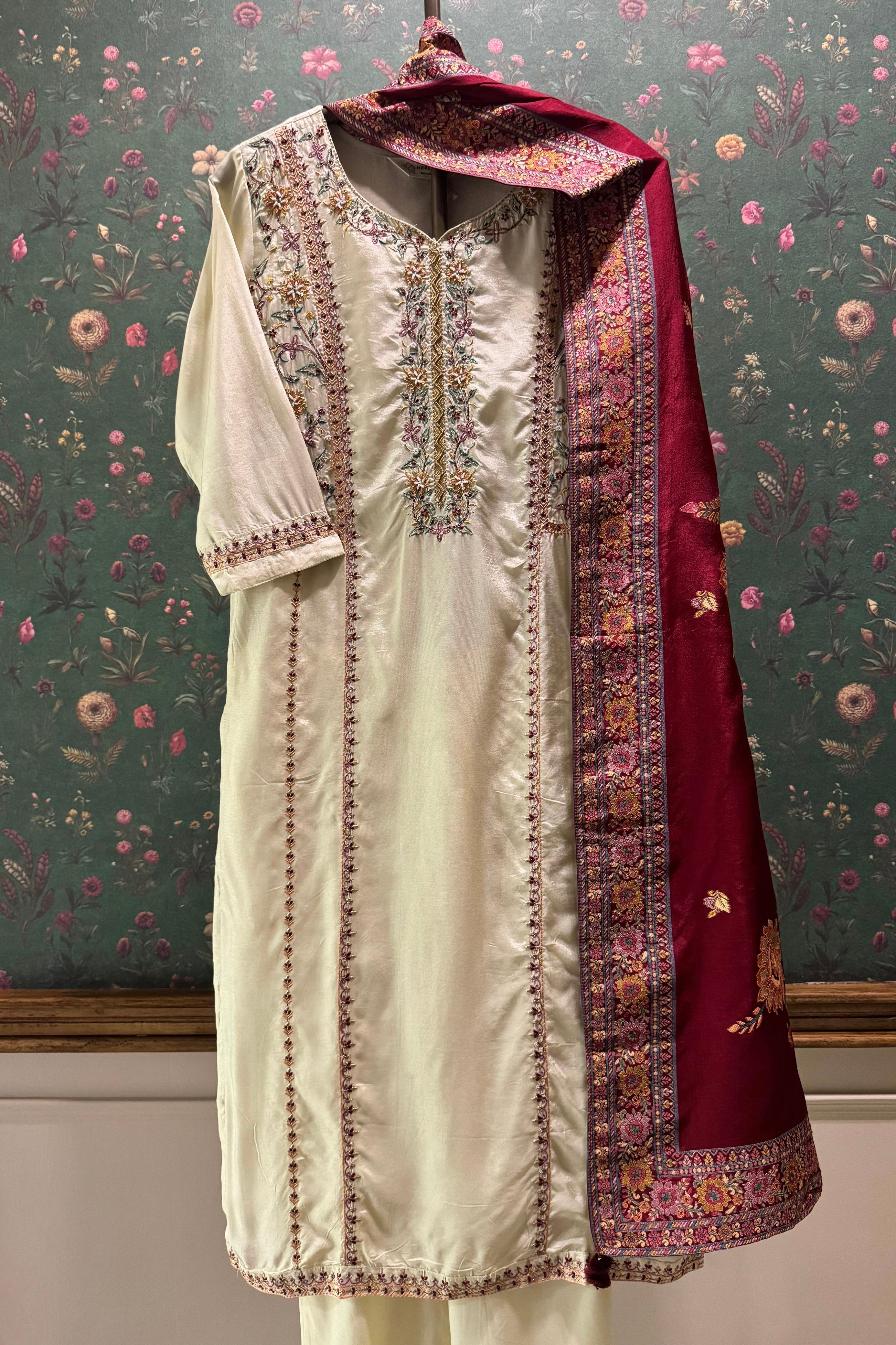 Arzoo Ivory Chanderi Embroidered Suit Set with Maroon Banarasi Dupatta | HER-551