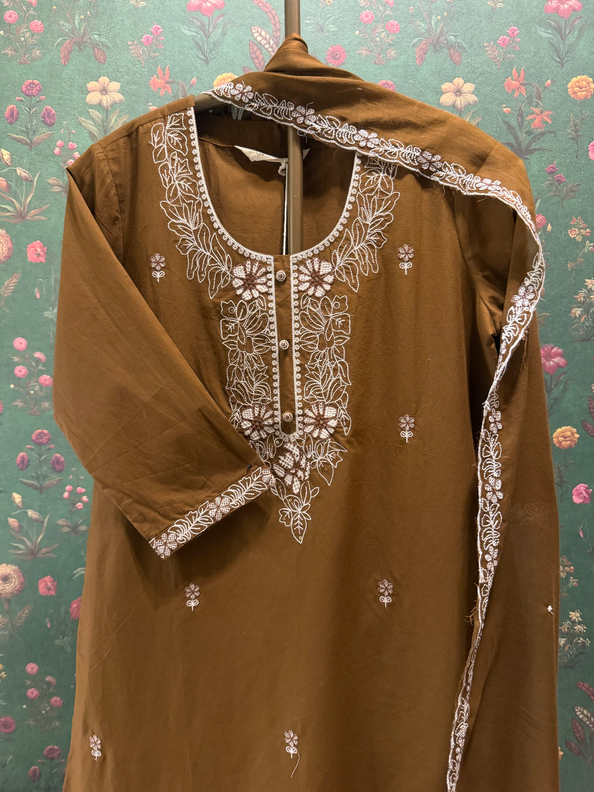 Cocoa Brown Embroidered Cotton Suit Set | HER-686