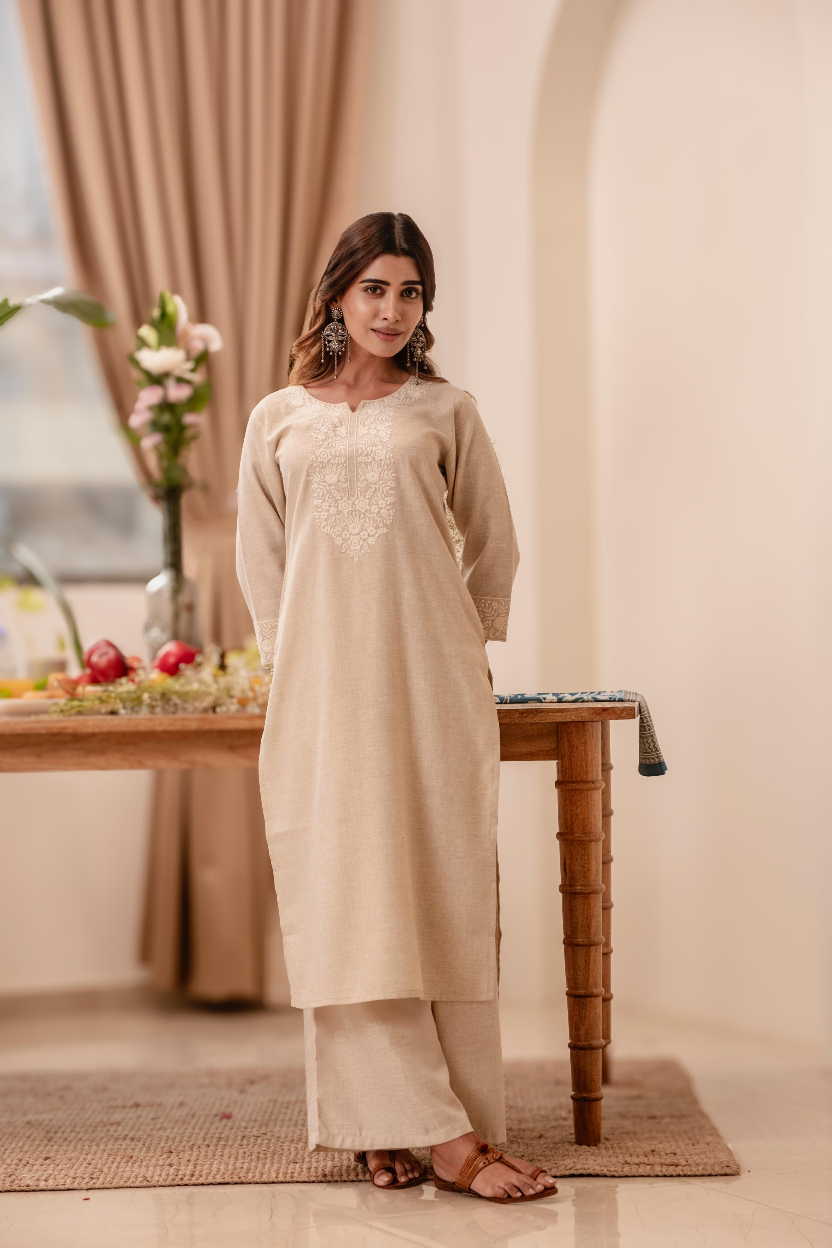 Beige/Fawn Cotton Linen Kurta/Co-ord Set | HER-517