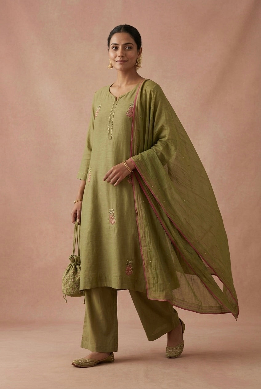 Olive Green Embellished Mul Chanderi A-Line Suit Set