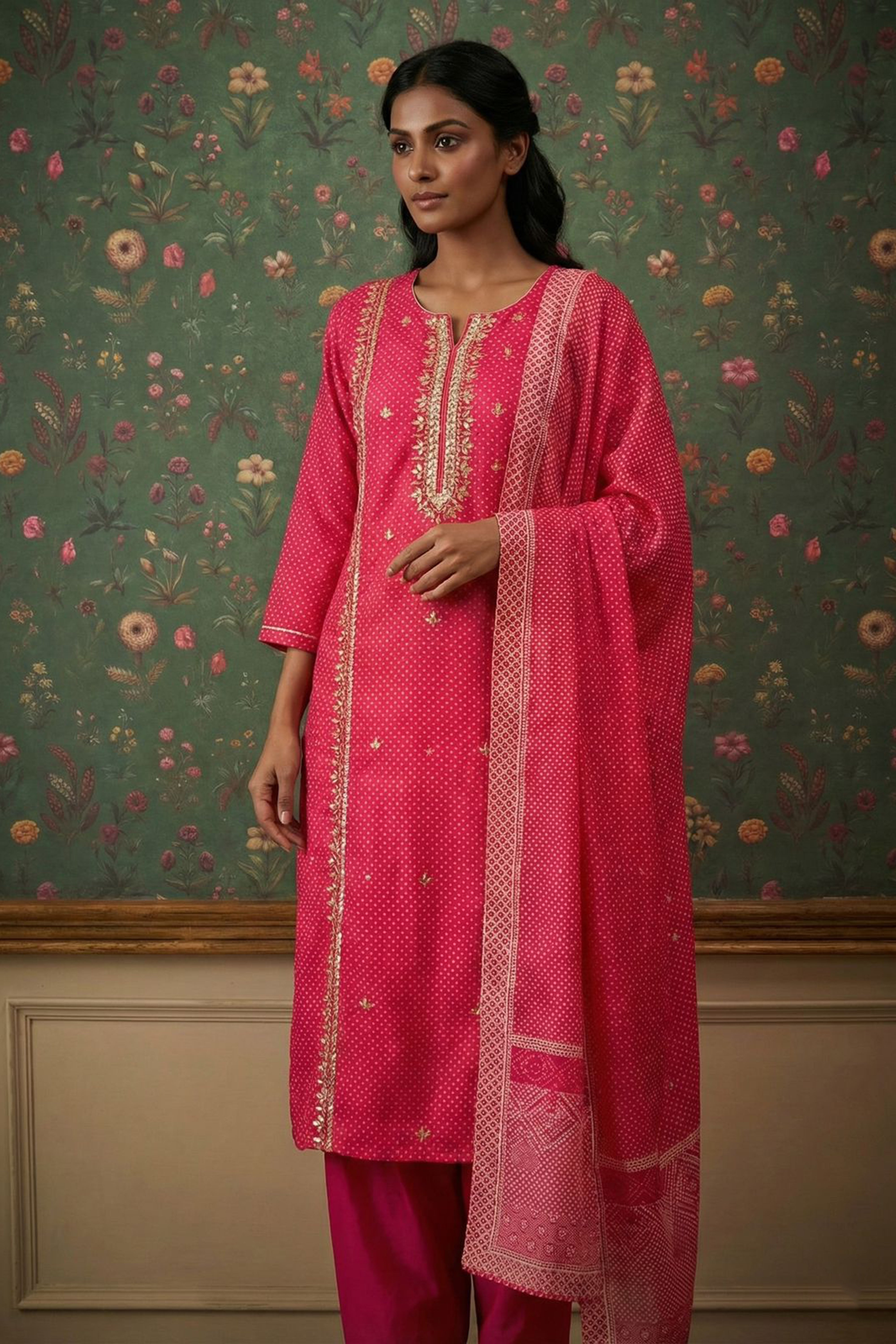 Bright Pink Gota Patti Chanderi Suit Set | HER-396