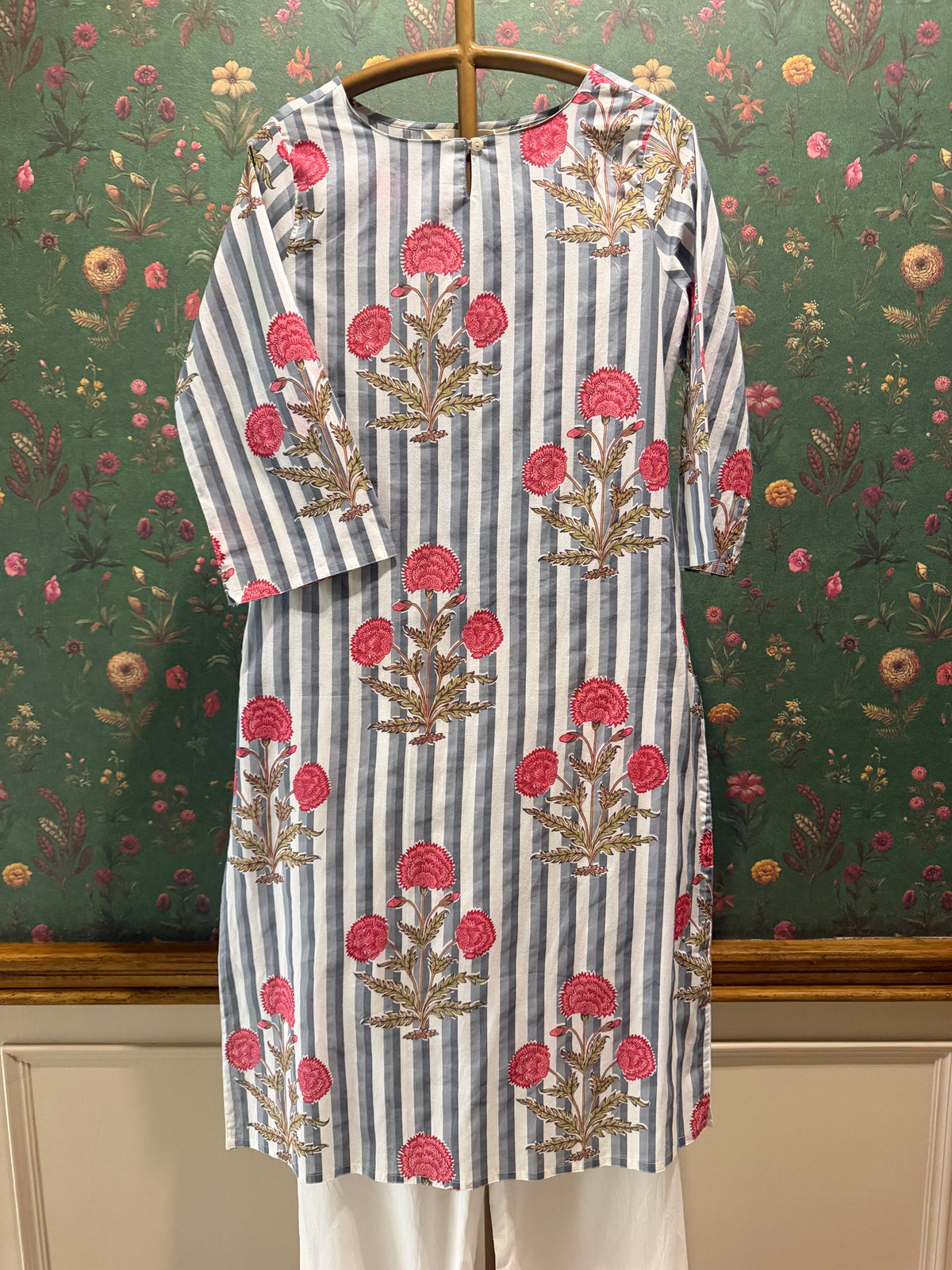 Blue Stripe Floral Cotton Kurta Set