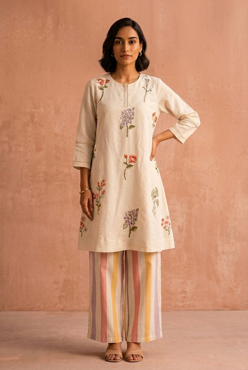 Ivory Botanical Embroidered A-Line Kurta Set | HER-630