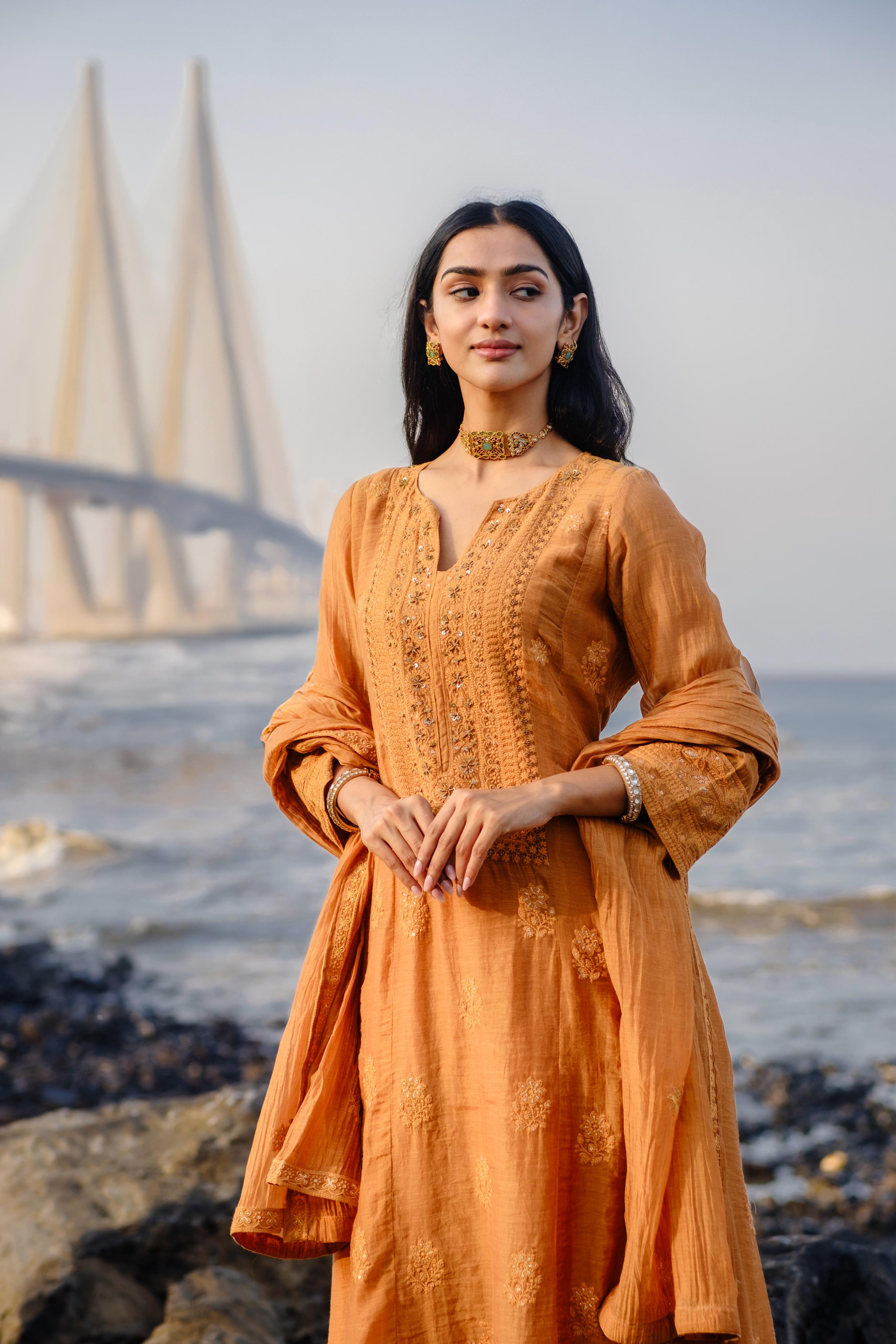 Ochre Yellow Chikankari A-Line Mul Chanderi Suit Set | HER-626