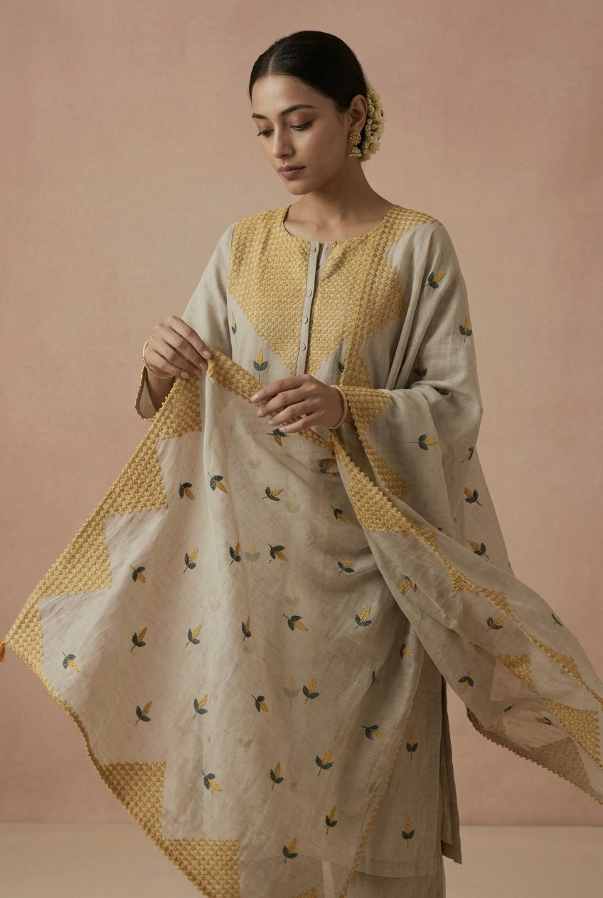 Ivory Beige and Mustard Yellow Embroidered Pure Chanderi Suit Set