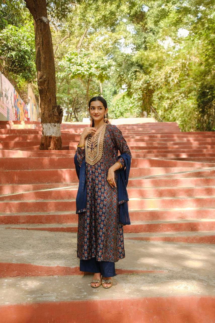 Blue Ajrakh A-Line Chanderi Silk Suit Set | HER-635 x Prachi