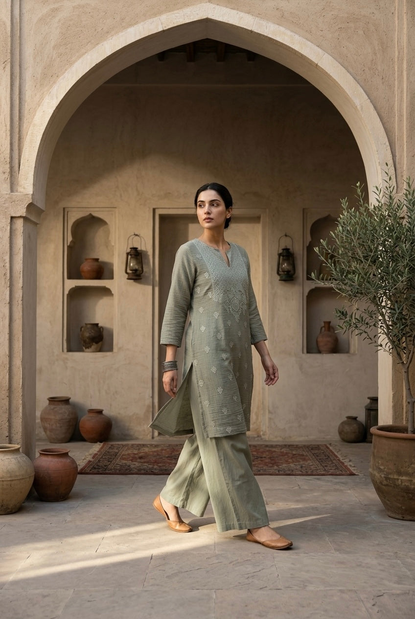 Olive Mul-Chanderi Kurta Set