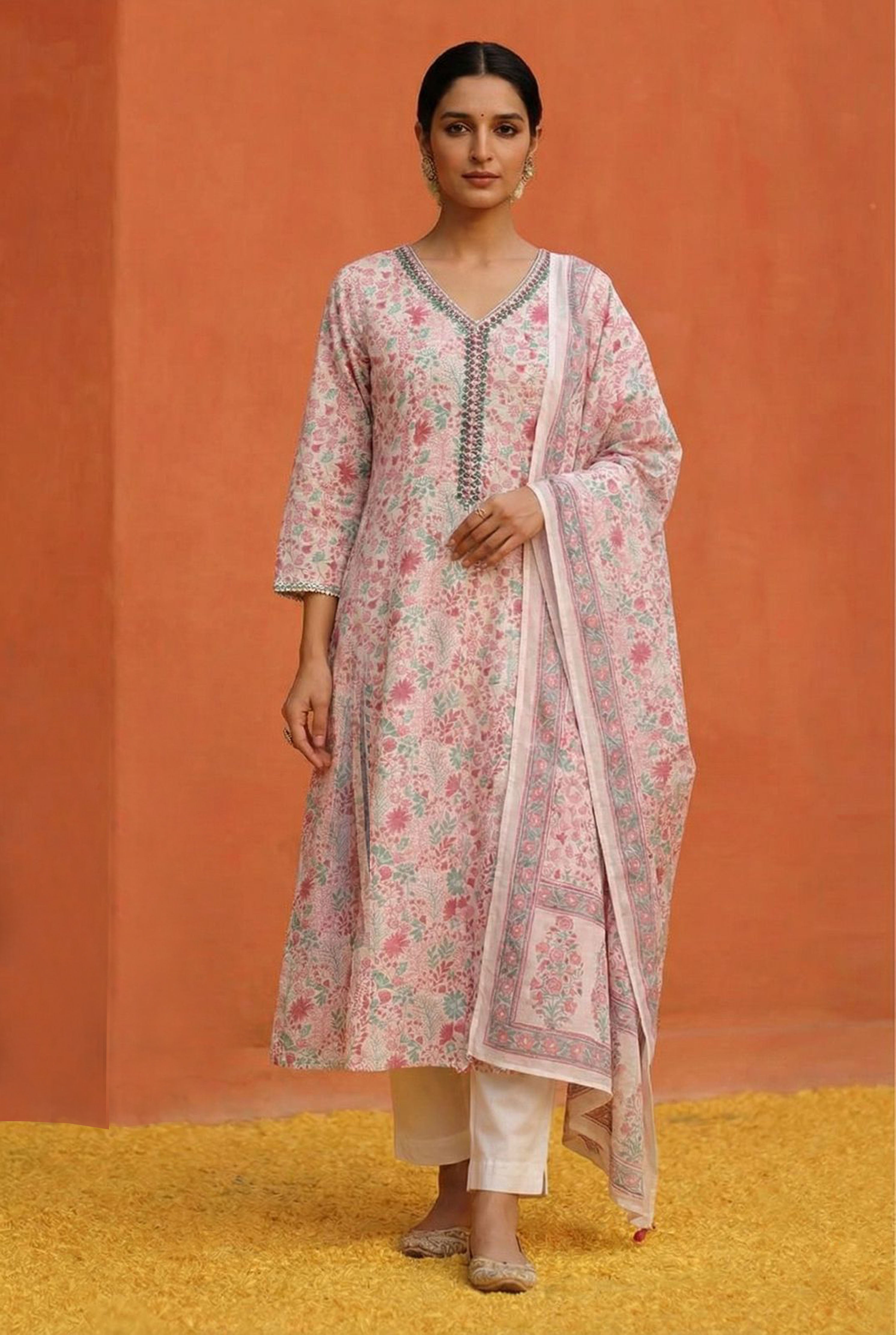 Pink Cotton Anarkali Suit Set (With Pants and Dupatta)