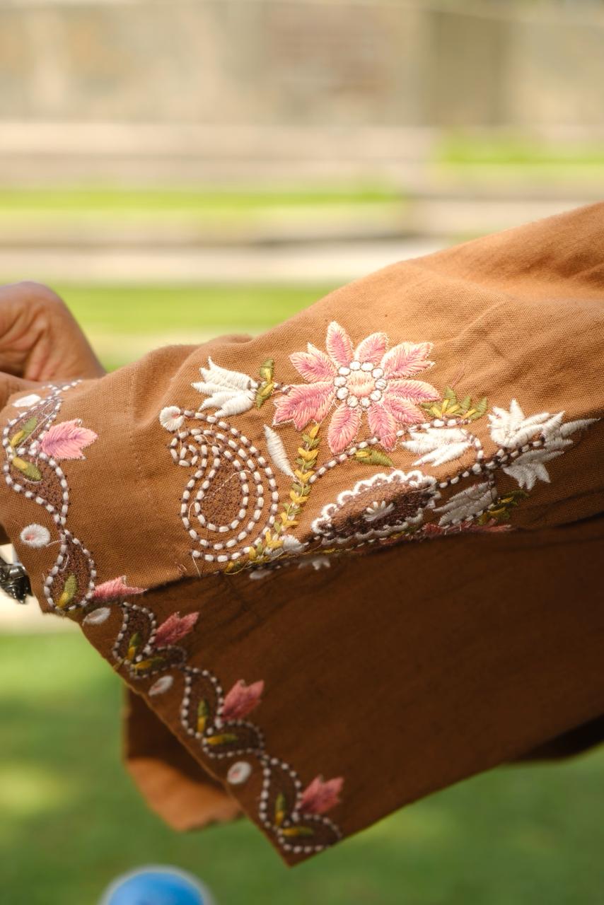 Caramel Brown Embroidered A-Line Kurta Set | HER-723