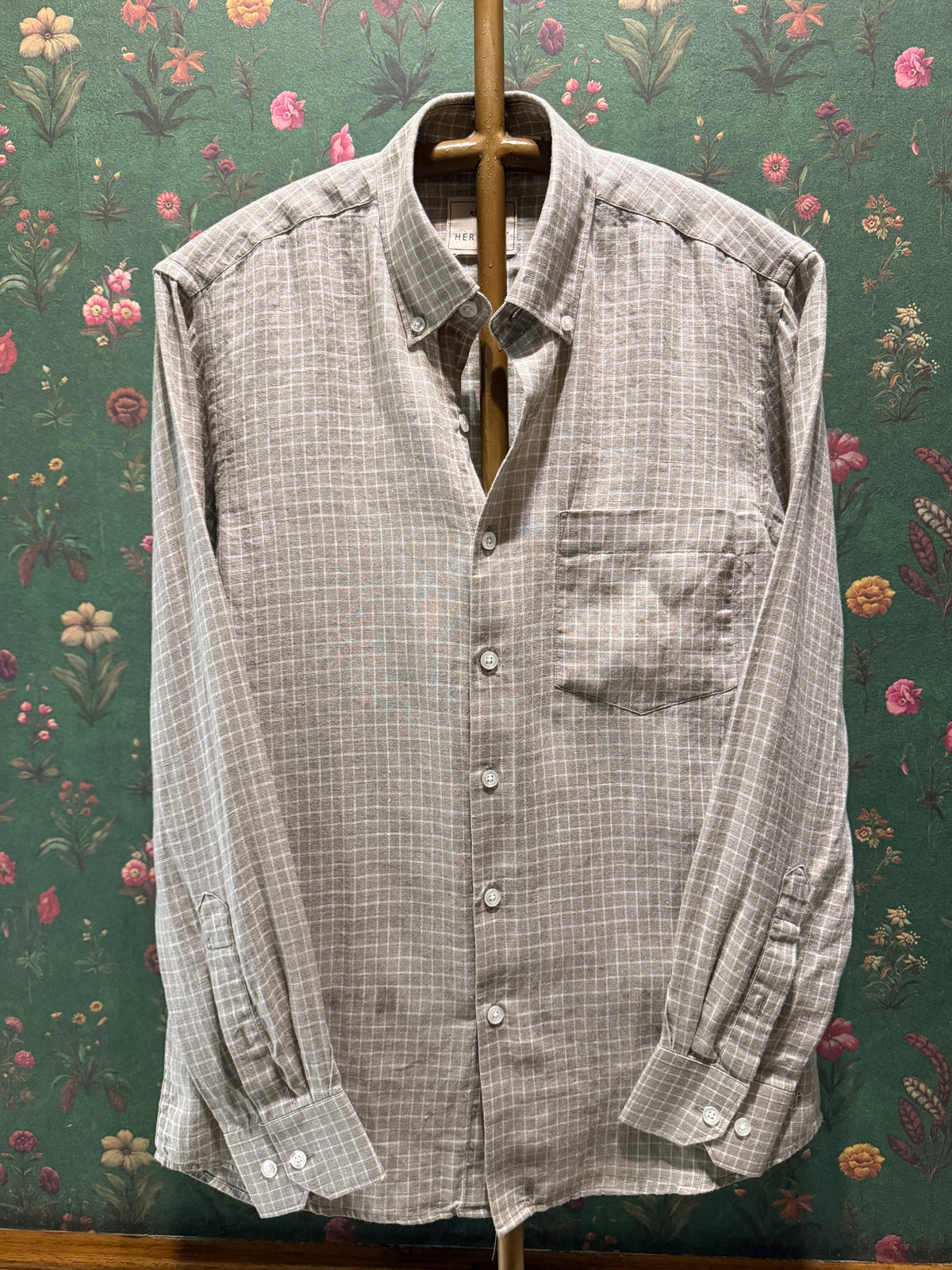 Men’s Dove Grey Check Pure Linen Full Sleeves Shirt