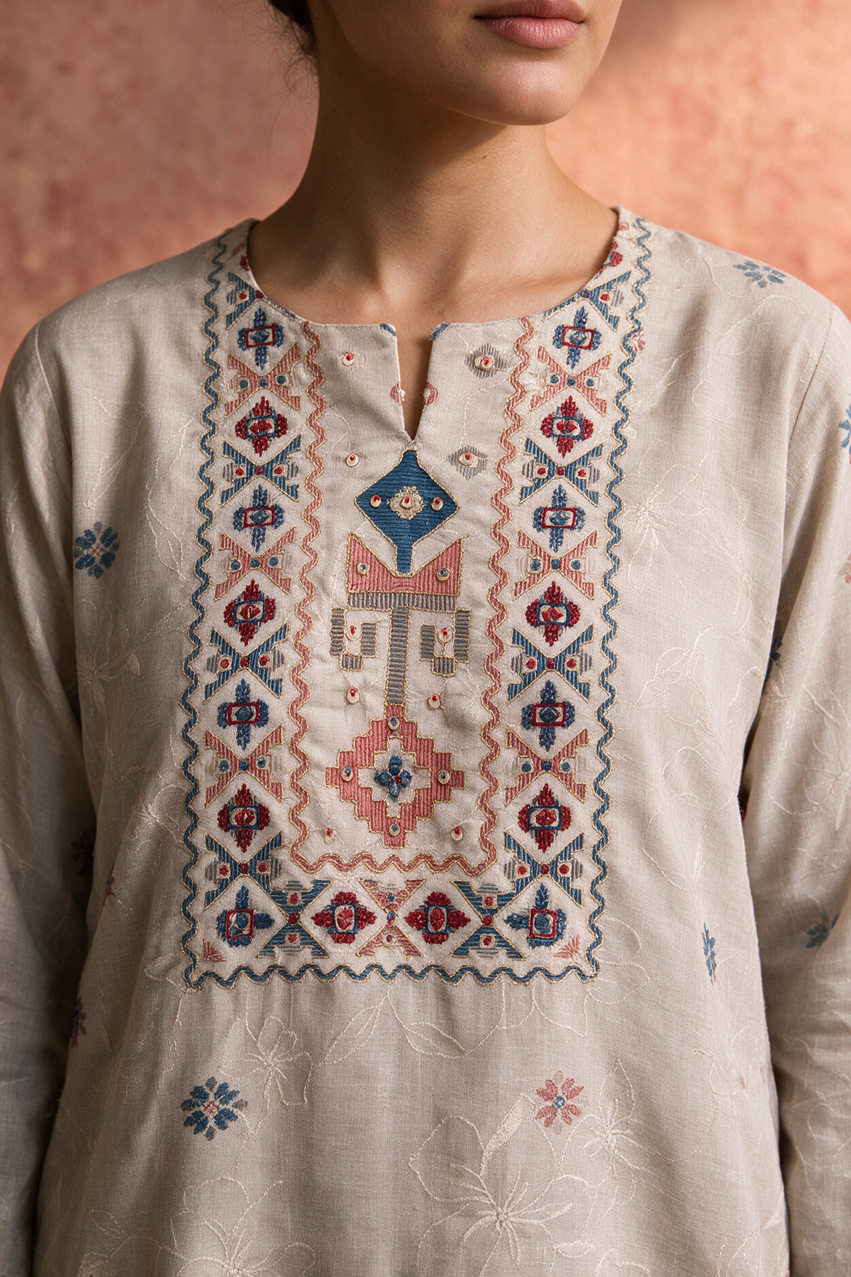 Warm Ivory Linen Embroidered Suit Set