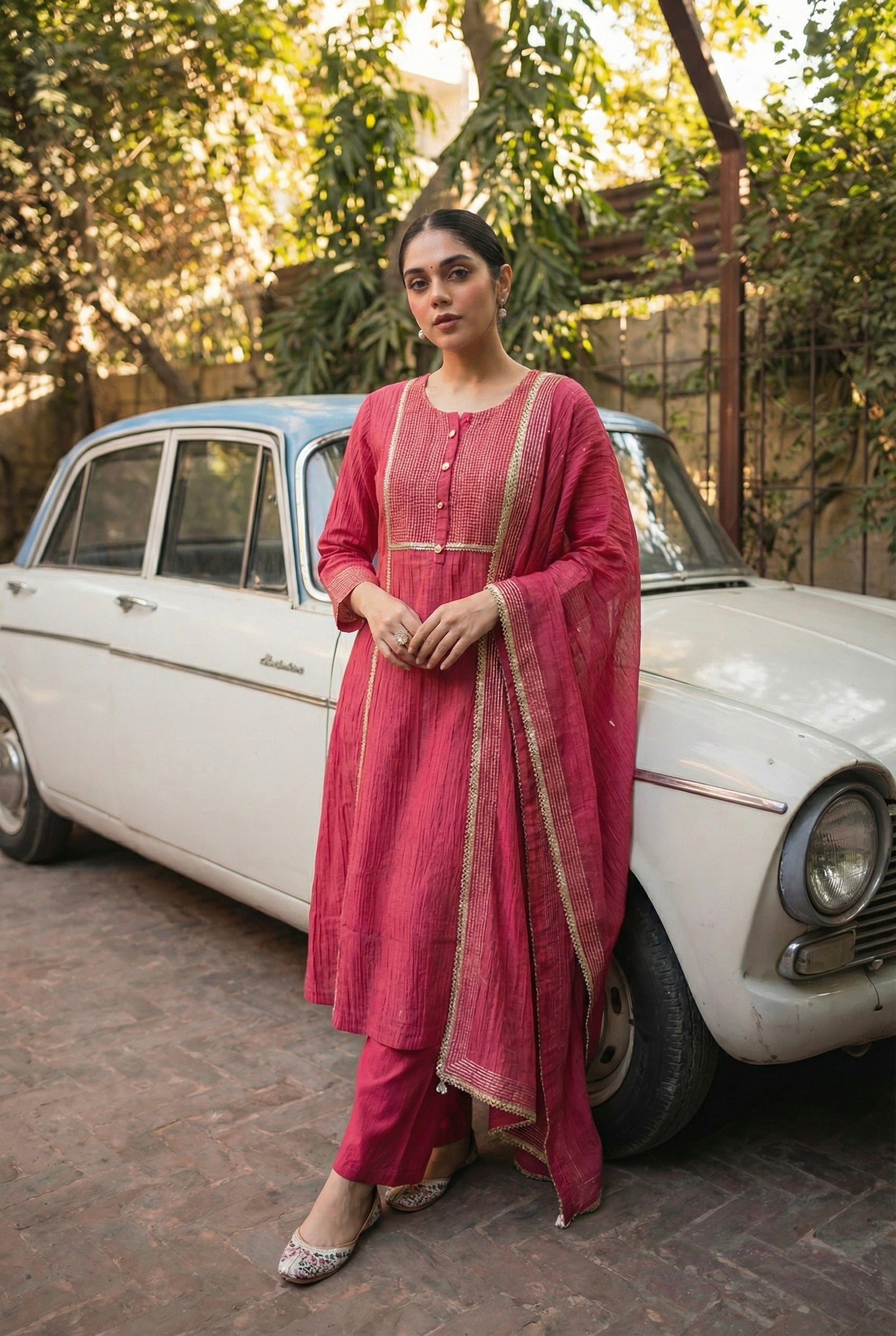 Meher Handcrafted Mul Chanderi A-Line Suit Set | HER-621