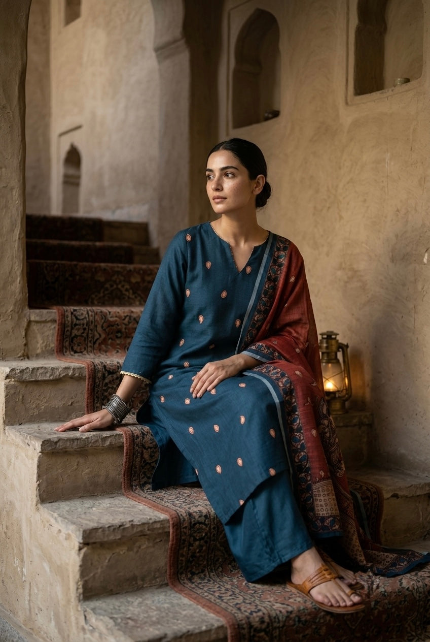 Teal Blue Madhubani Cotton Suit Set | HER-642