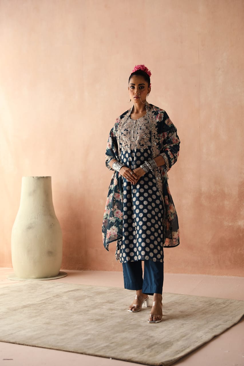 Blue Polka Chanderi Kurta Set | HER-253