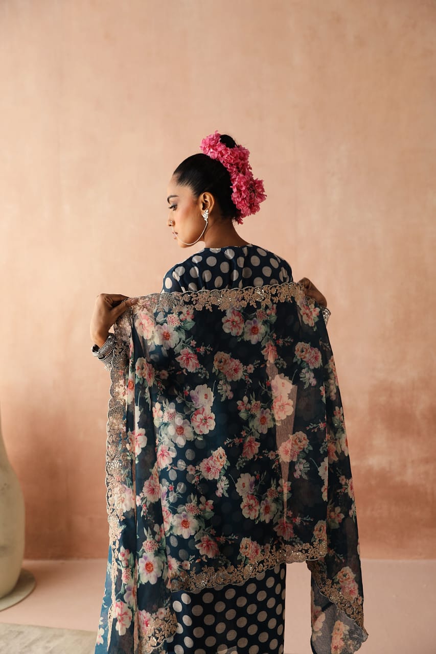 Blue Polka Chanderi Kurta Set | HER-253