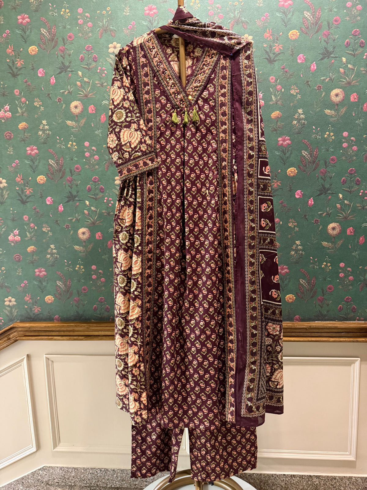 Deep Plum Floral Printed Cotton A-Line Suit Set | HER-714