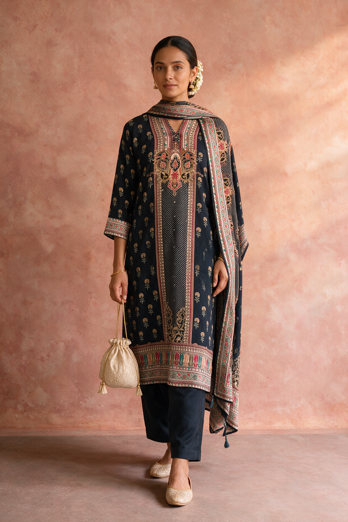 Black Printed Muslin Printed Suit Set