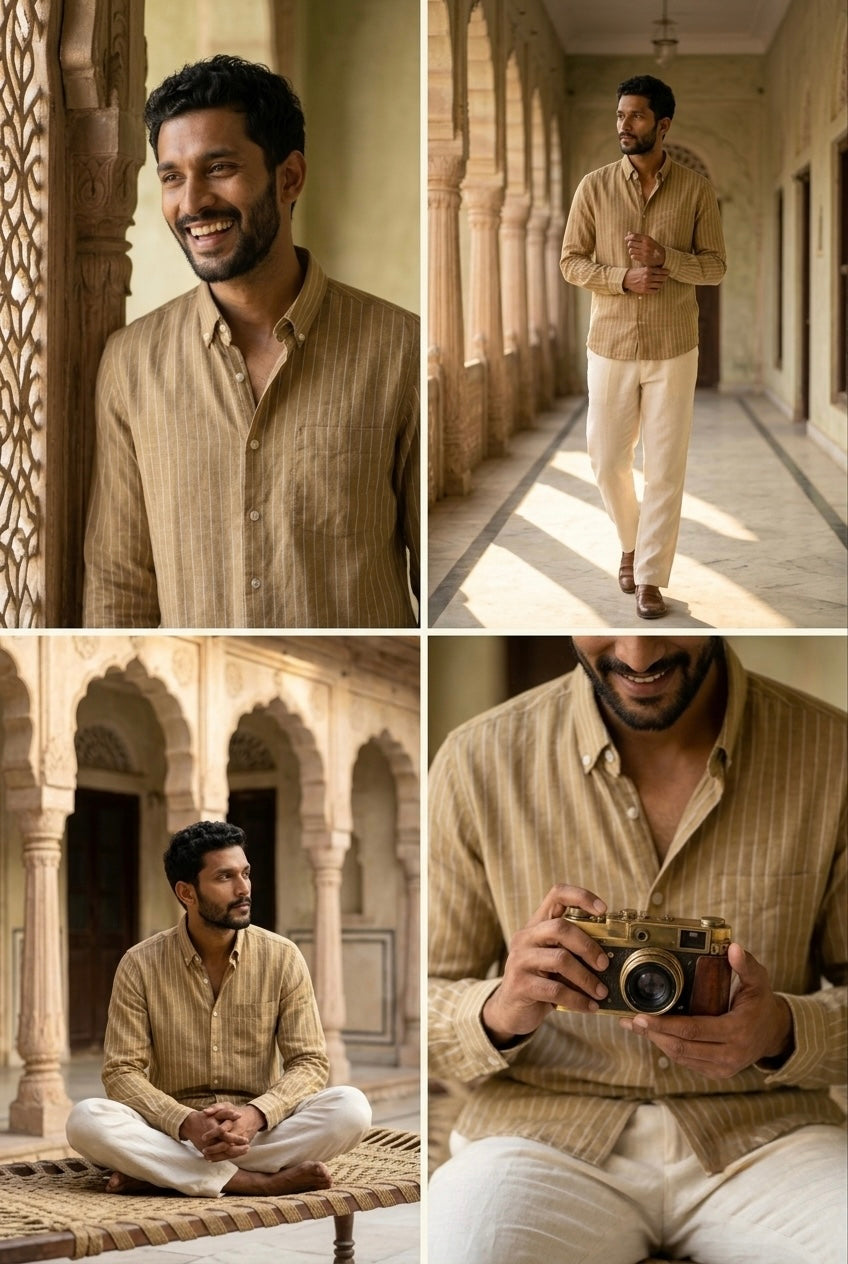 Tan Stripe Men’s Pure Linen Full Sleeves Shirt