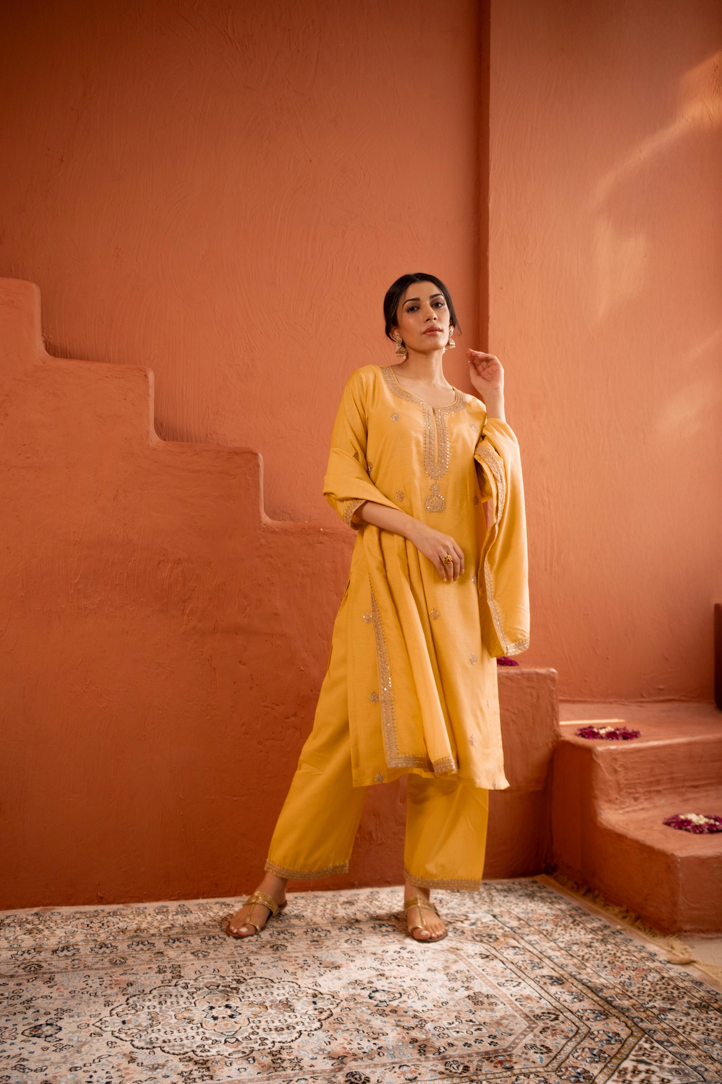 Aafreen Yellow Mul Chanderi Embroidered Suit Set | HER-543