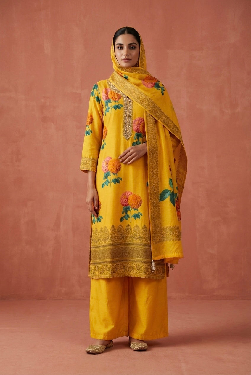 Yellow Floral Chanderi Suit Set | HER-608