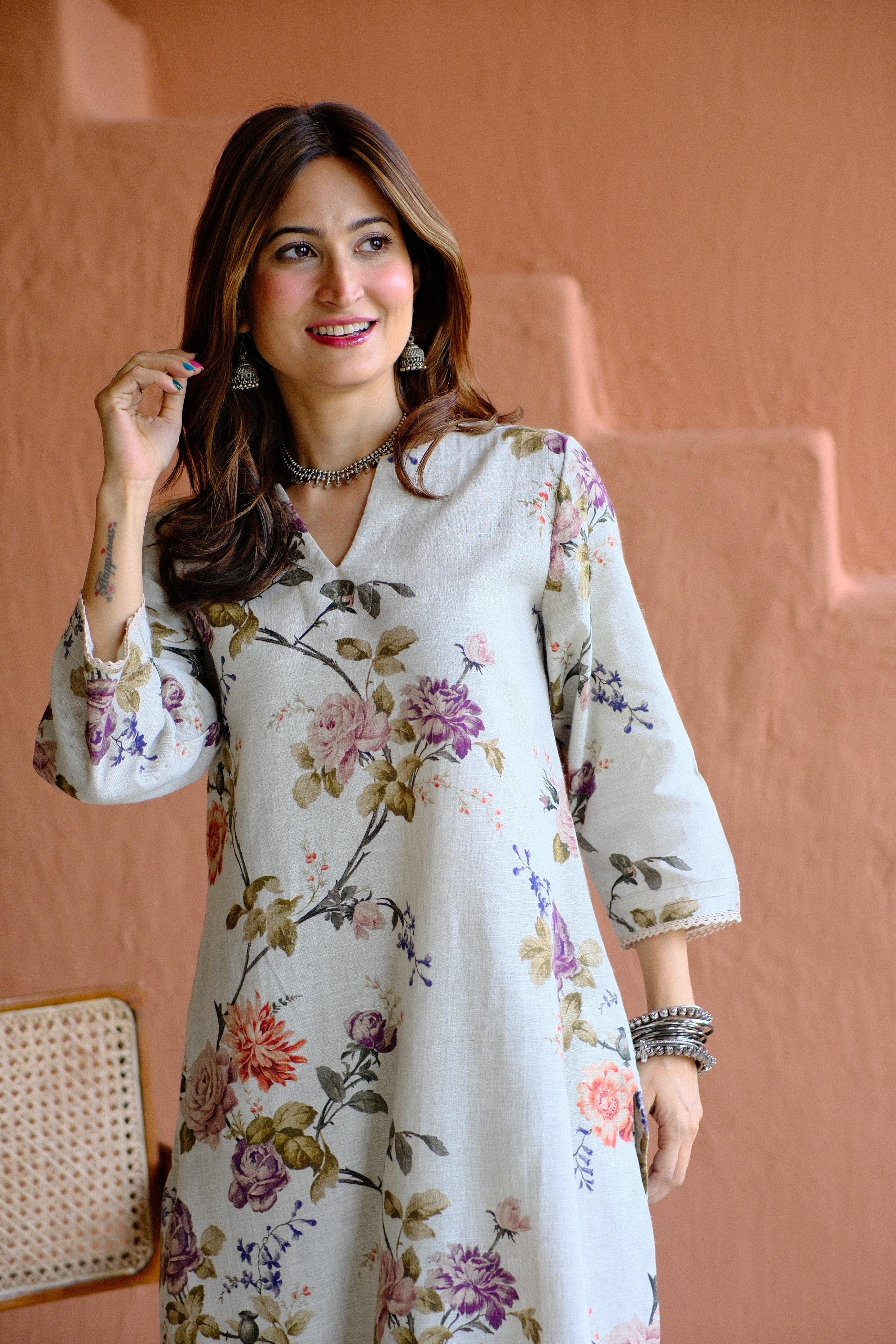 Rosalie Bloom Pure Linen Co-ord/Kurta Set | HER-465