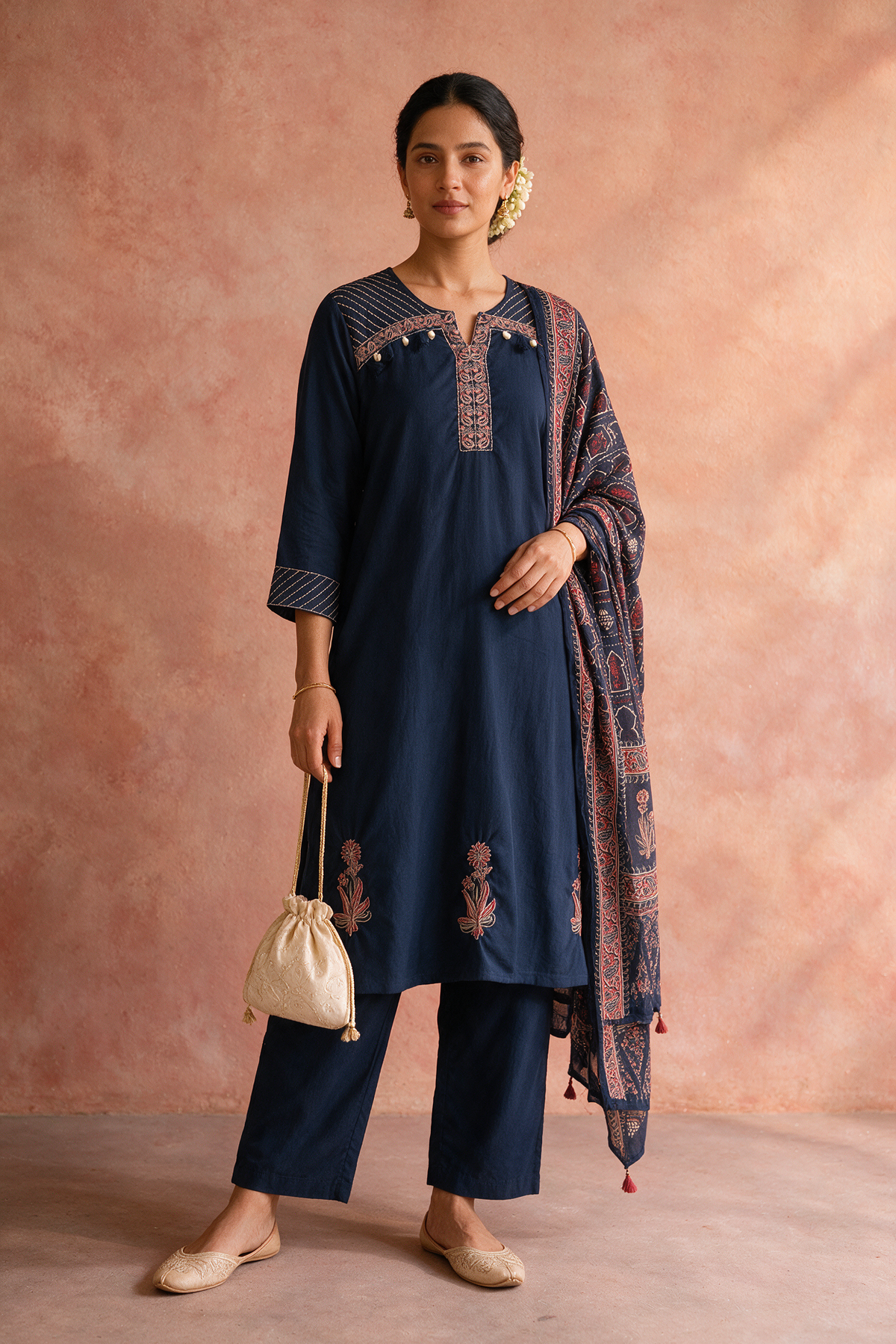 Navy Blue Embroidered Pure Cotton Suit Set