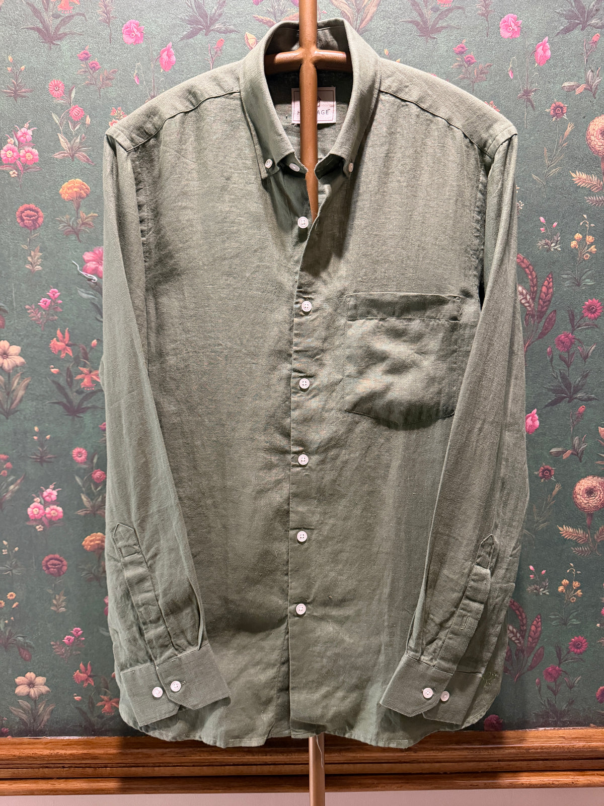 Men’s Sage Olive Green Pure Linen Full Sleeves Shirt