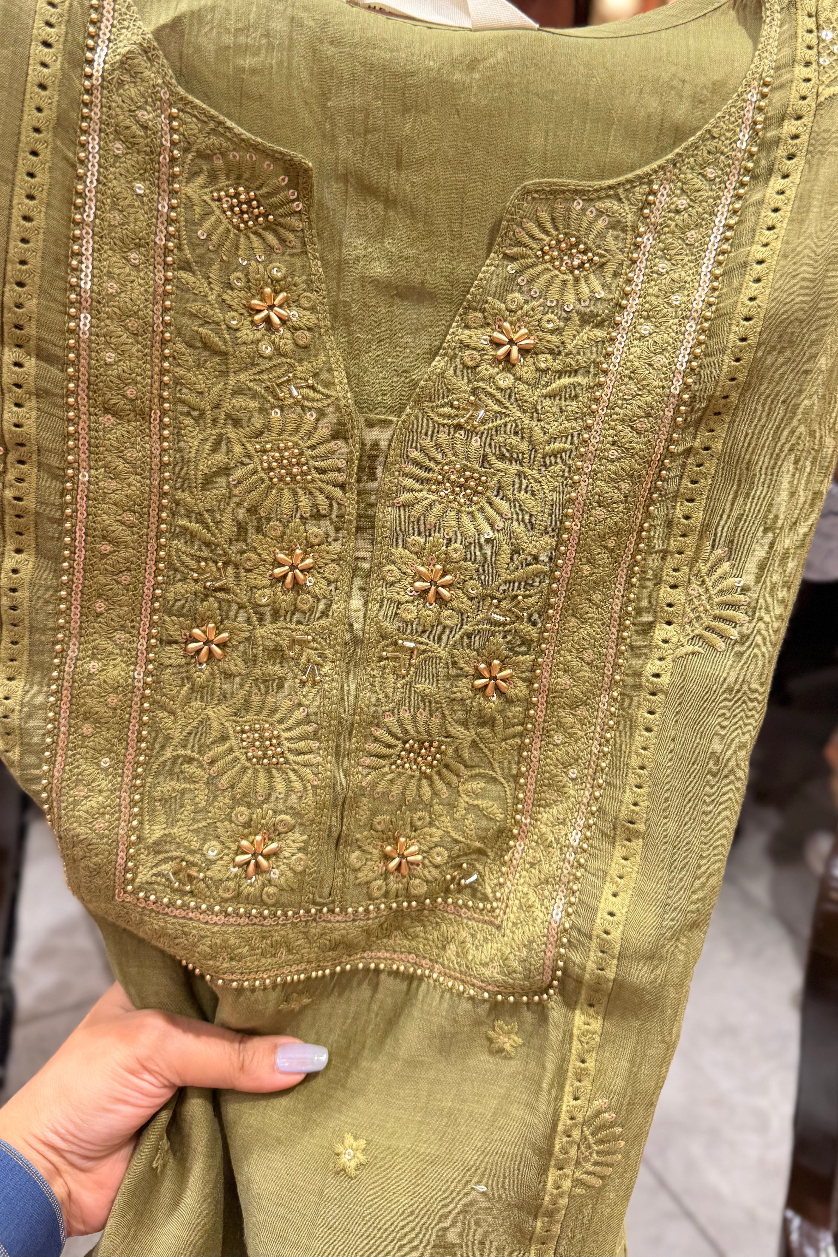 Antique Olive Green Noor Chikankari Suit Set | HER-620