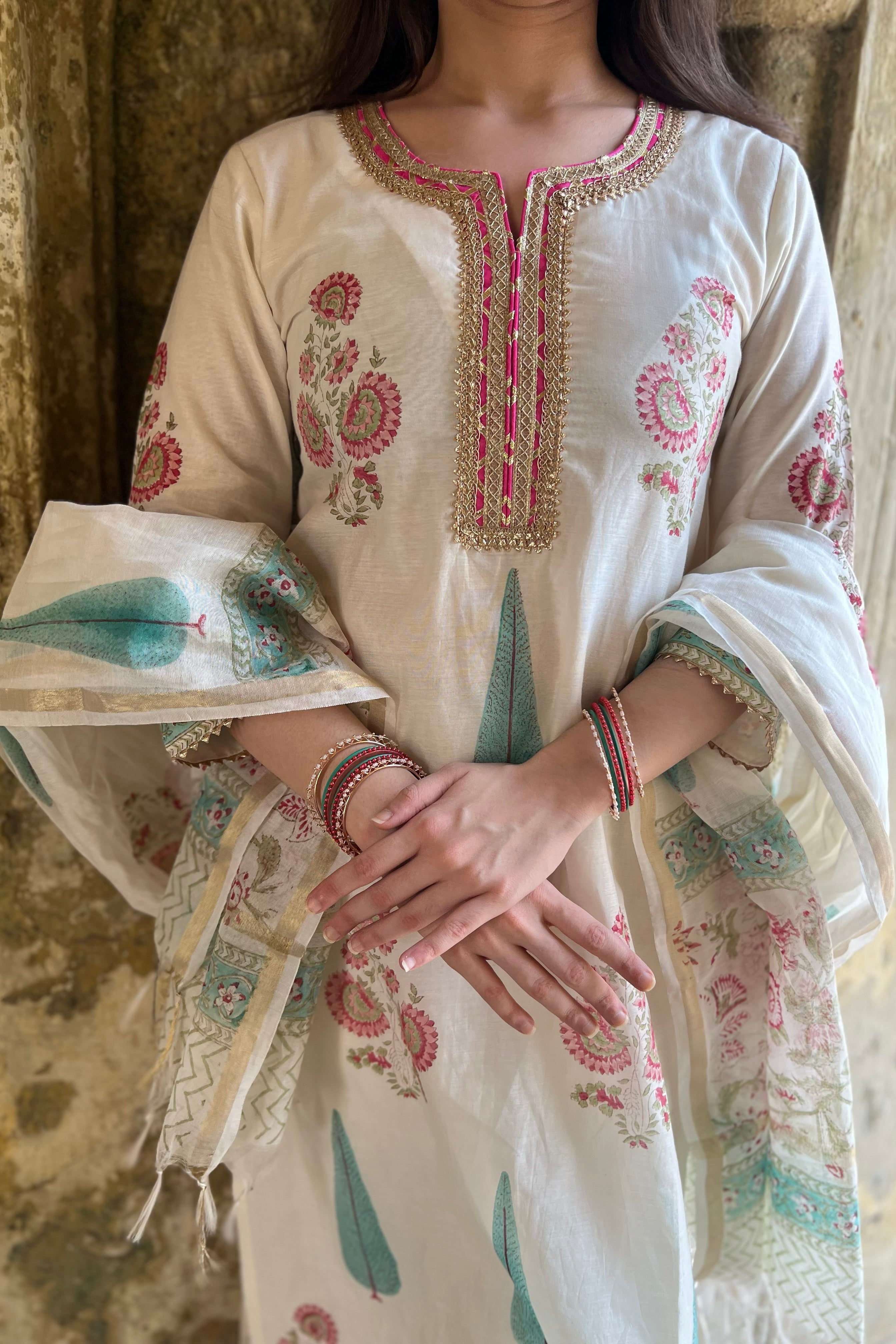 Ivory White Floral Printed Chanderi Suit Set | HER-757