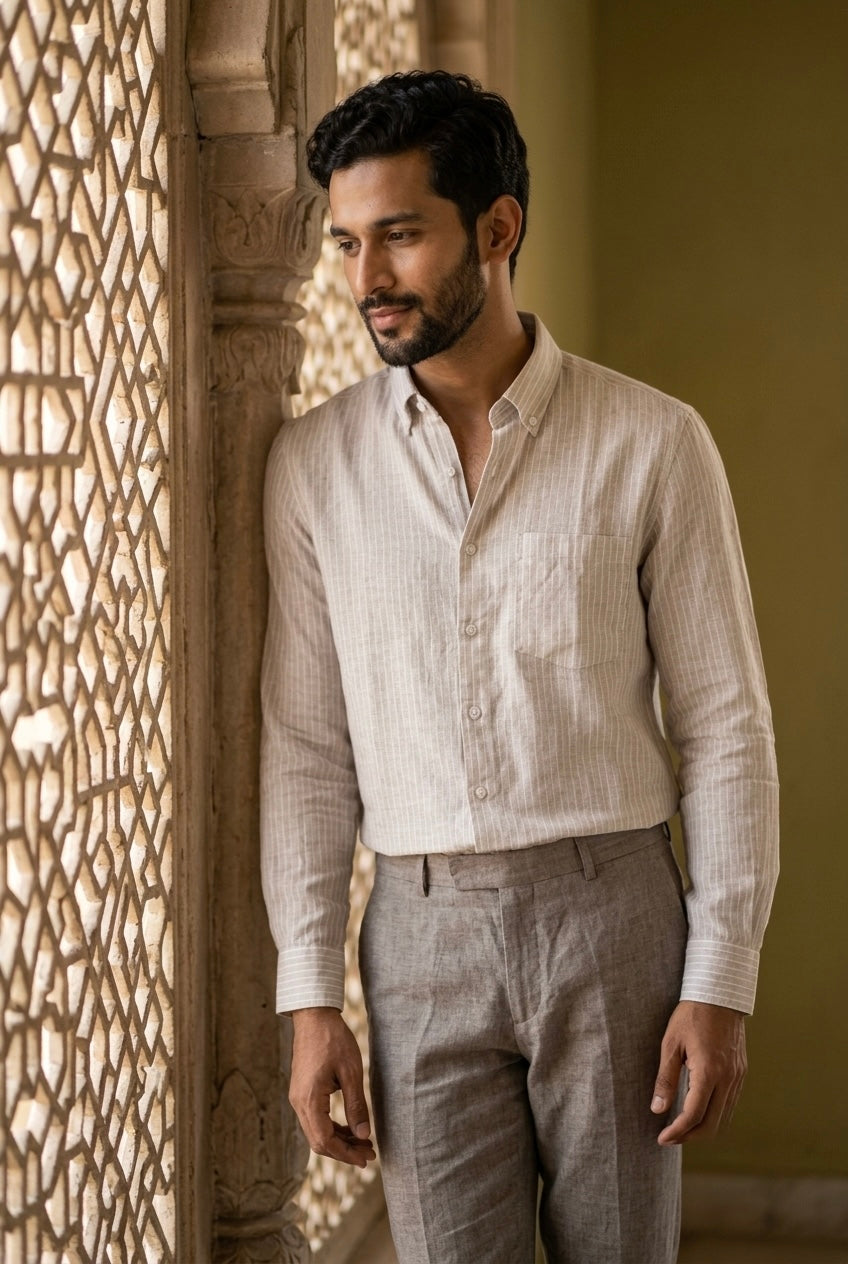 Men’s Ivory Printed Pure Linen Full Sleeves Shirt