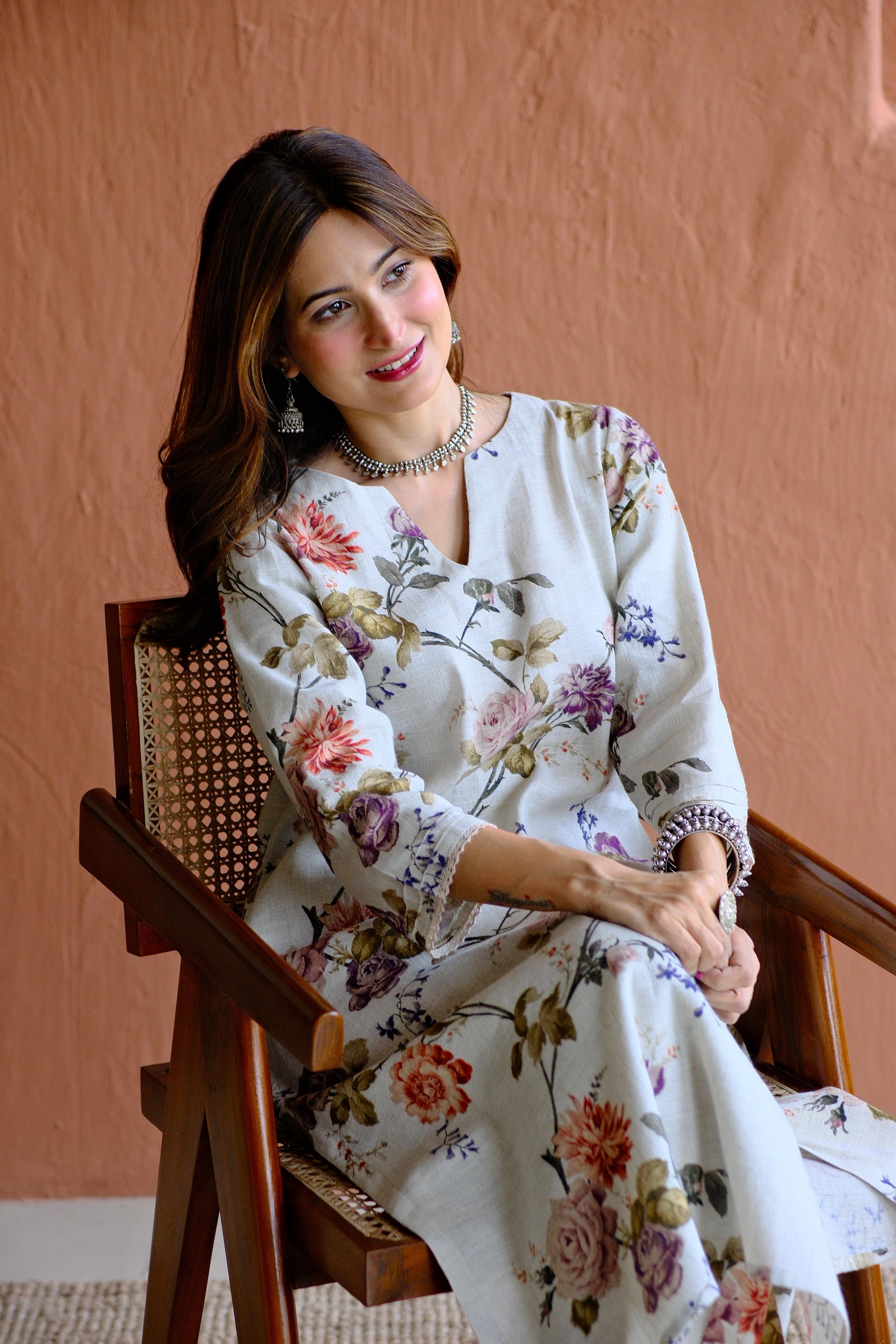 Rosalie Bloom Pure Linen Co-ord/Kurta Set | HER-465