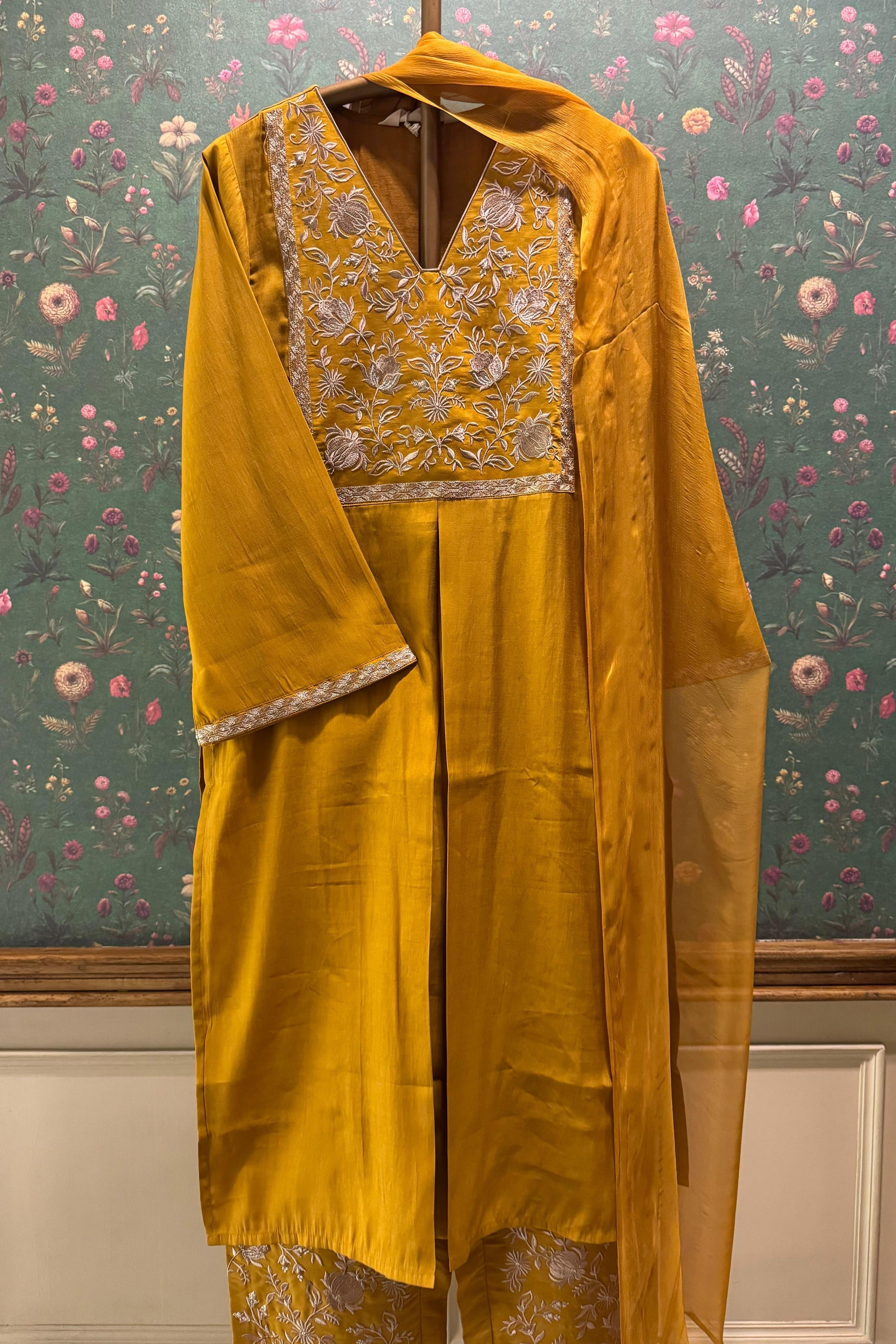 Saanjh Mustard Modal Silk Embroidered Suit Set | HER-553