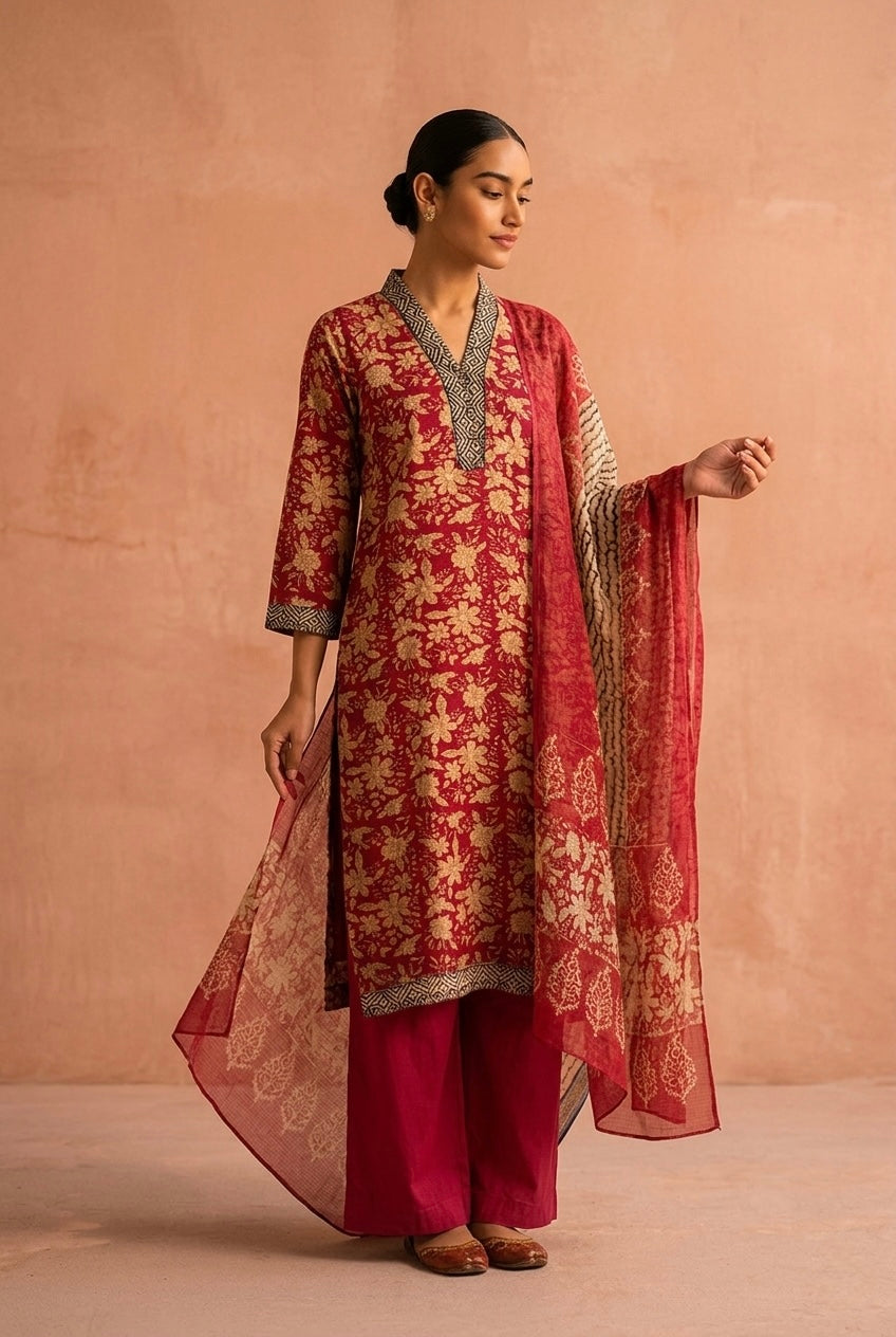 Crimson Red Floral Printed Kota Doria Suit Set, with Kota Doria Dupatta | HER-755