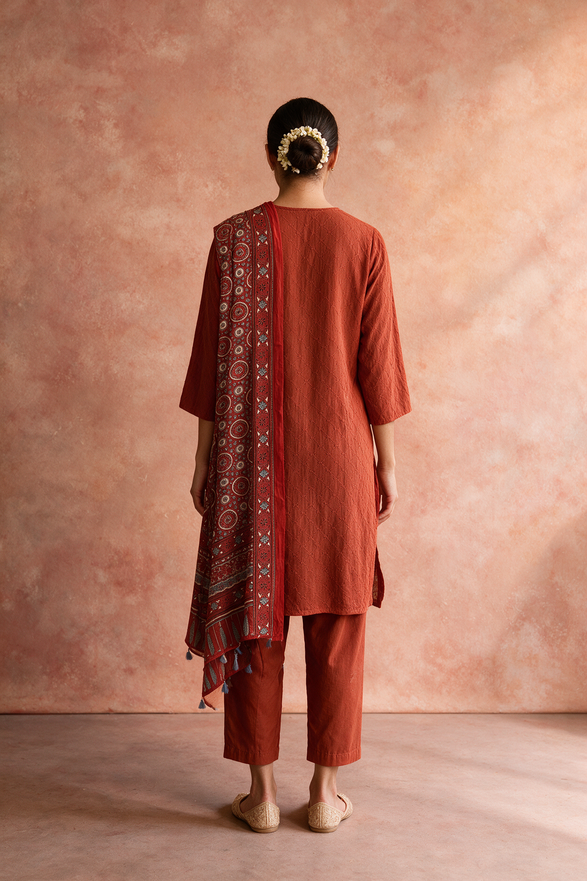 Rust Orange Embroidered Pure Cotton Suit Set