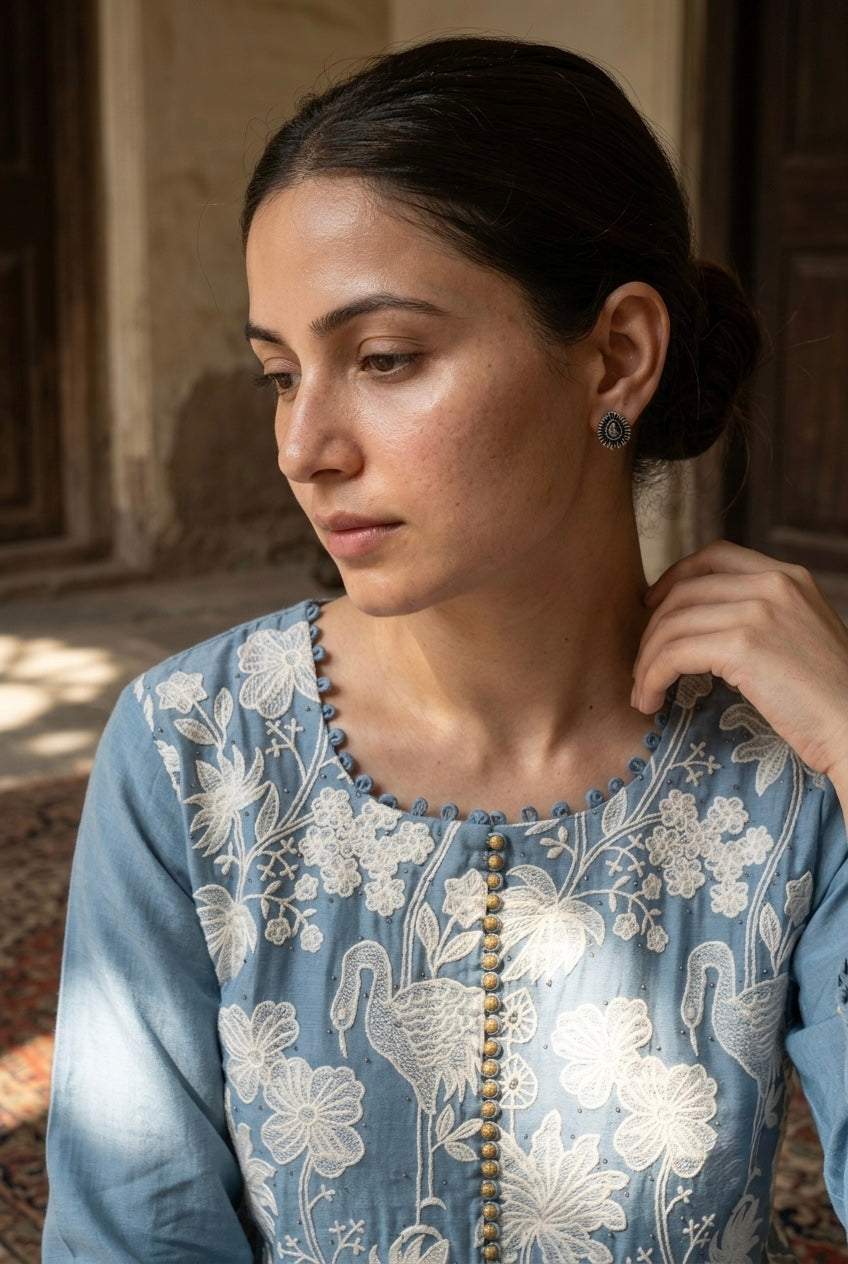 Powder Blue Floral Crane Embroidered Suit Set