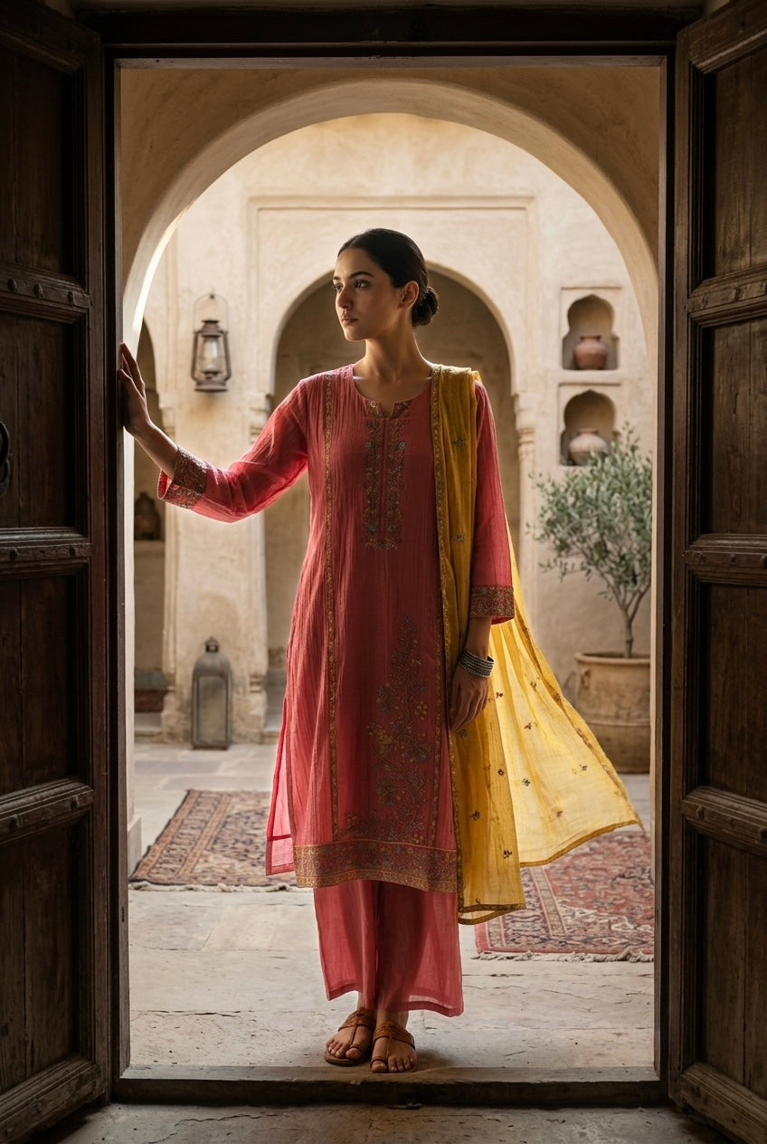 Rose Pink Mul-Chanderi Embroidered Suit Set | HER-780