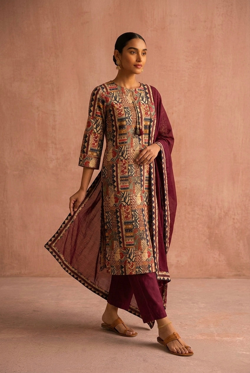 Rangrez Maroon Patchwork Suit Set | HER-645